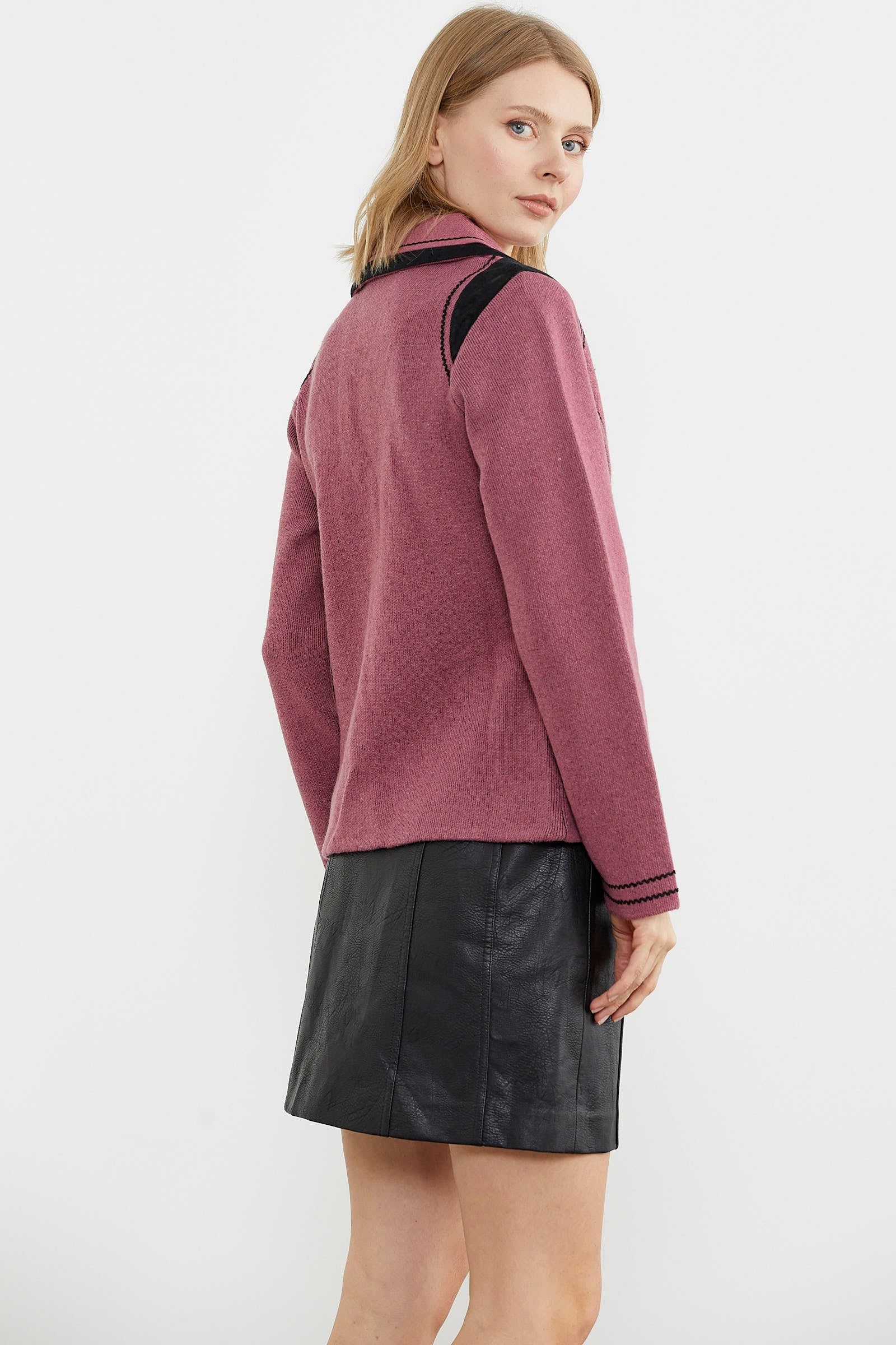 Nubuk Detaylı Triko Ceket - Gül - Siyah (6) Sementa