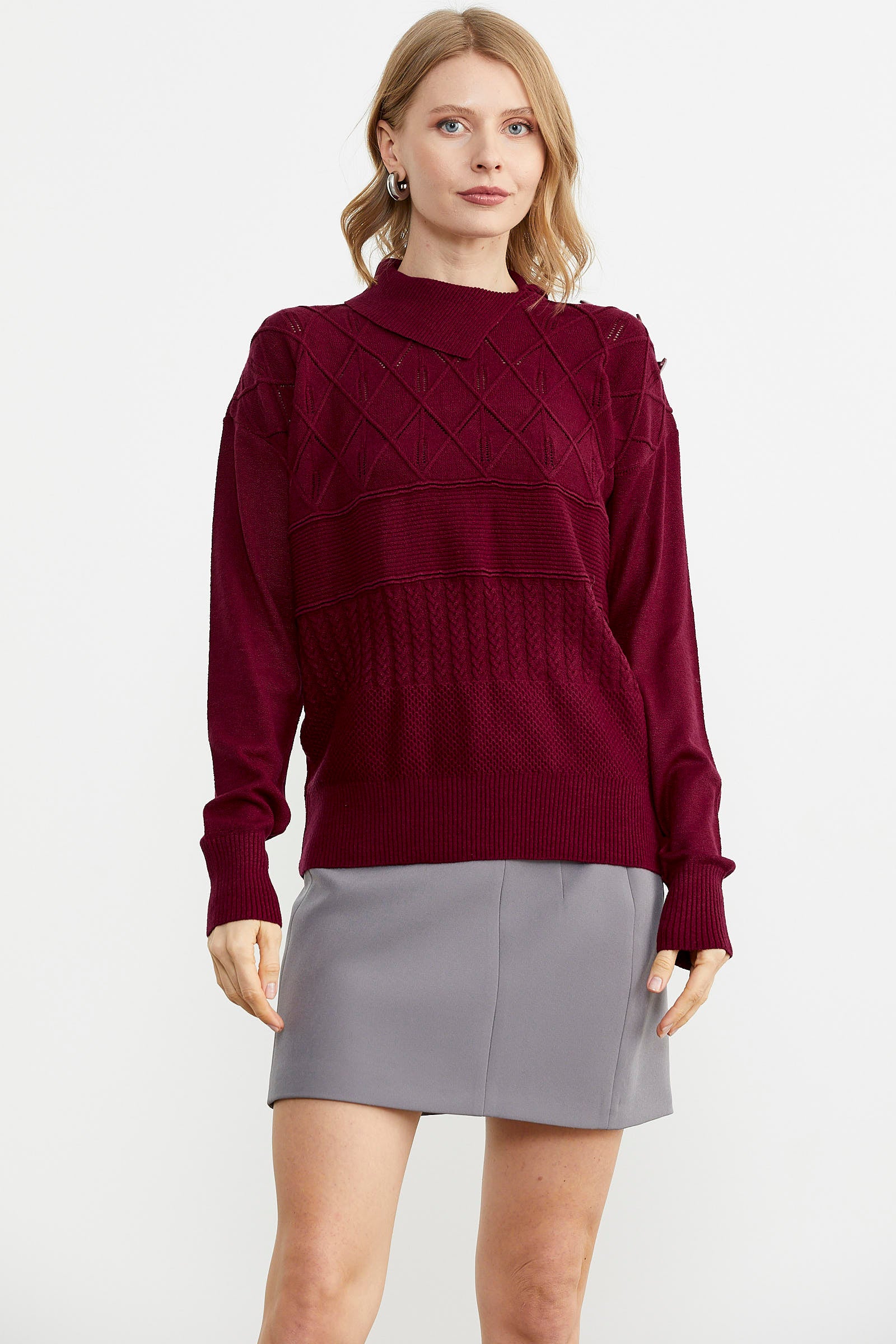 Omuz Düğme Detaylı Triko Kazak - Bordo (1) Sementa