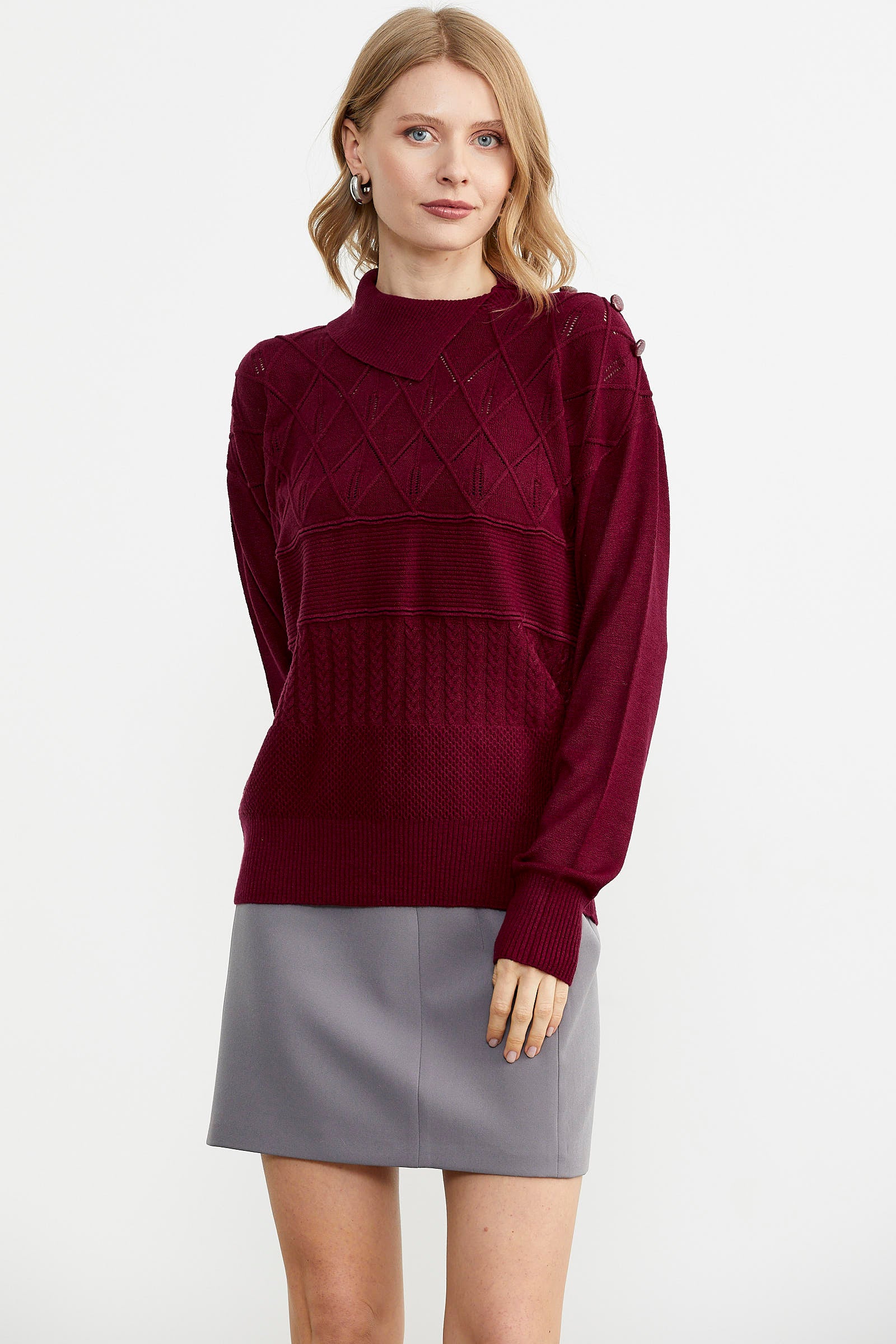 Omuz Düğme Detaylı Triko Kazak - Bordo (2) Sementa