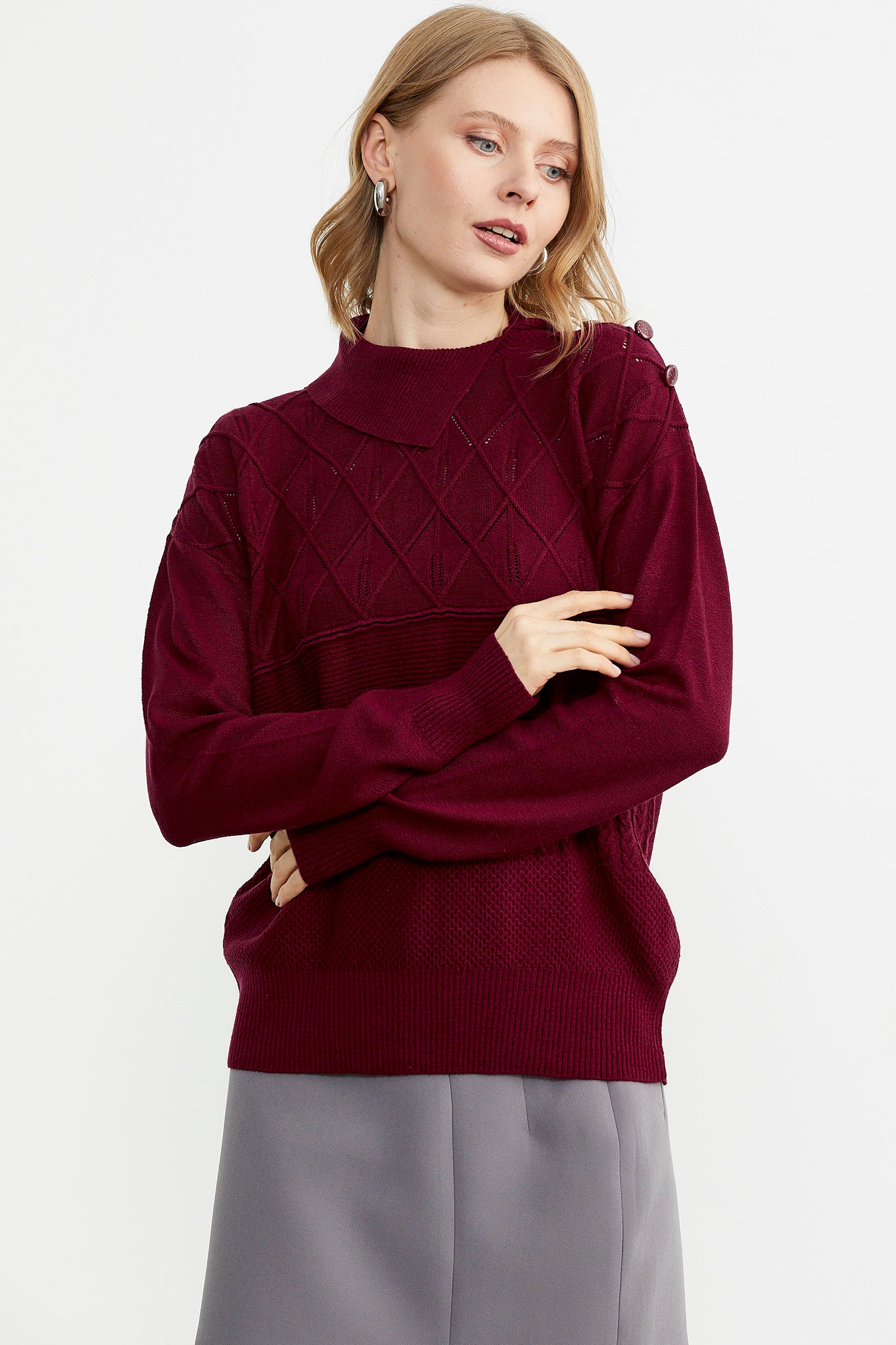 Omuz Düğme Detaylı Triko Kazak - Bordo (3) Sementa