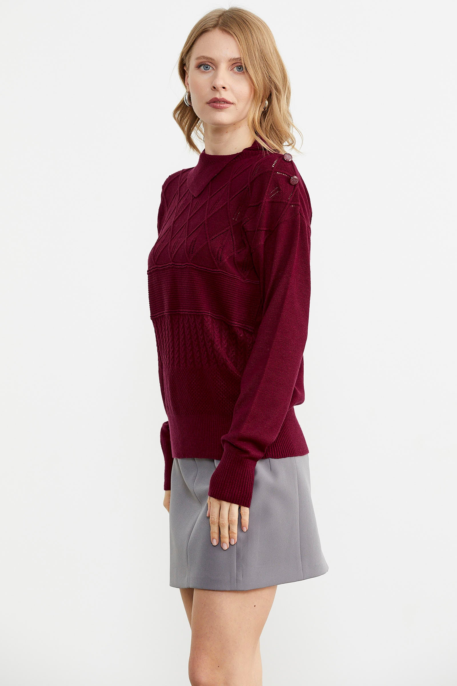 Omuz Düğme Detaylı Triko Kazak - Bordo (4) Sementa