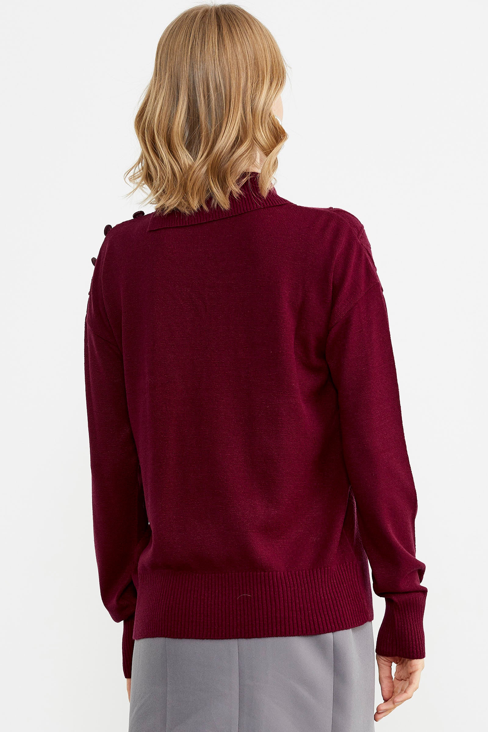 Omuz Düğme Detaylı Triko Kazak - Bordo (5) Sementa