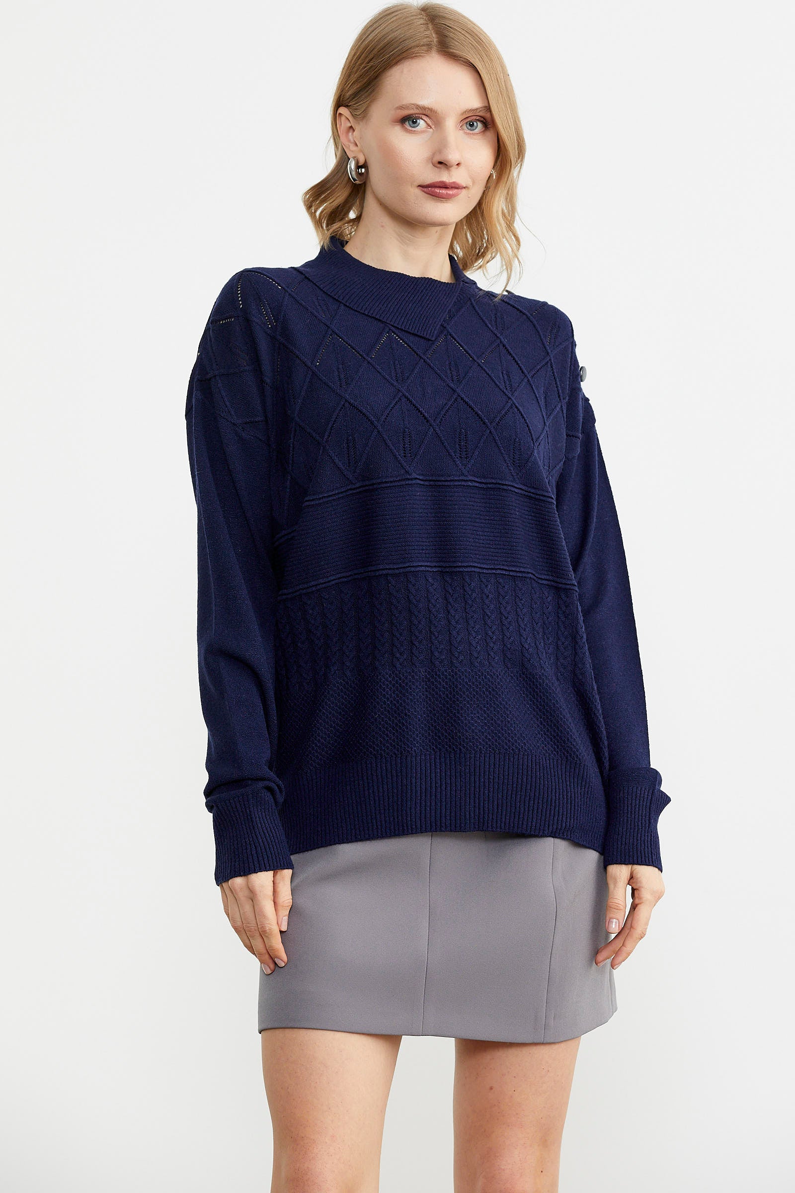 Omuz Düğme Detaylı Triko Kazak - Lacivert (1) Sementa