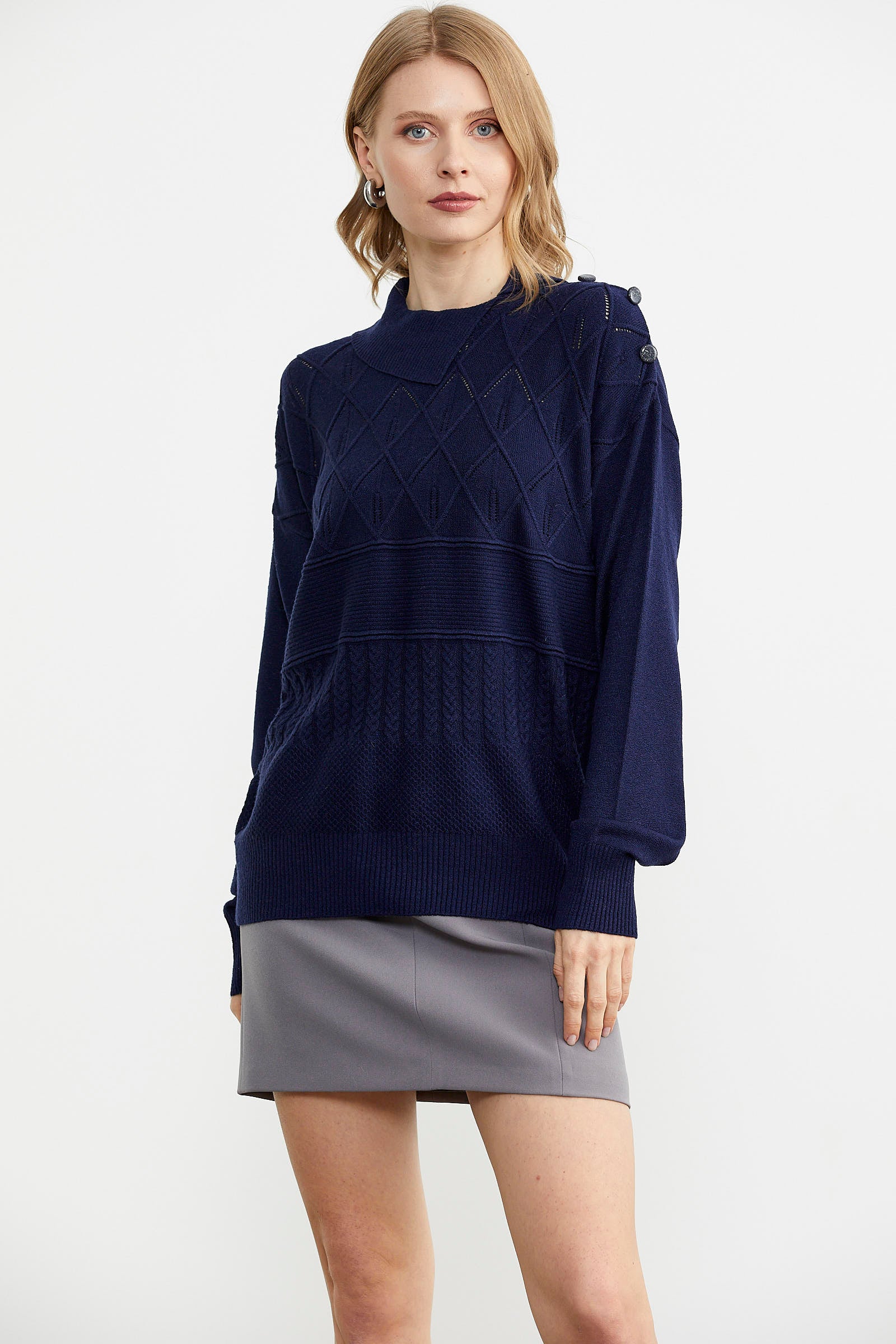 Omuz Düğme Detaylı Triko Kazak - Lacivert (2) Sementa