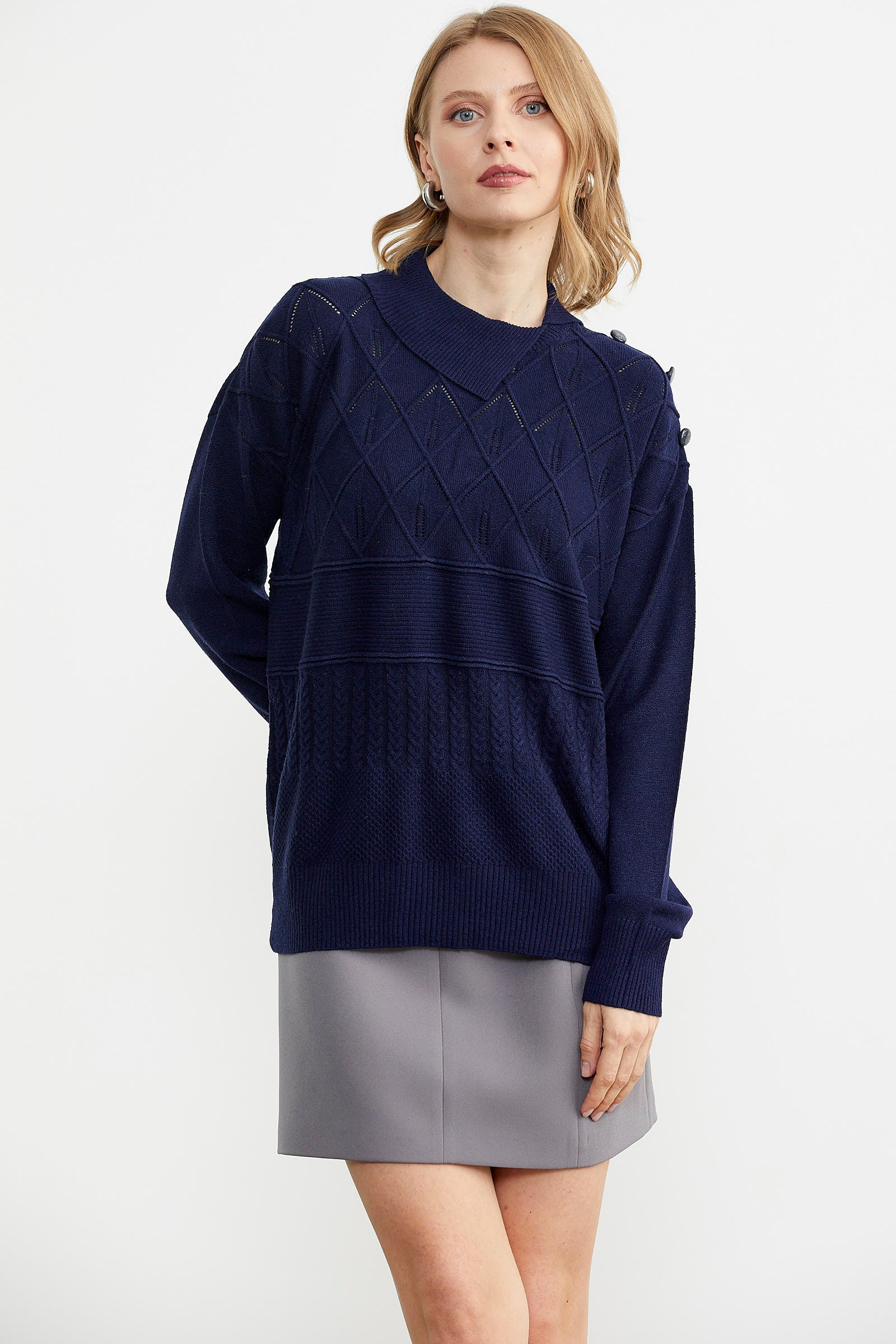 Omuz Düğme Detaylı Triko Kazak - Lacivert (3) Sementa