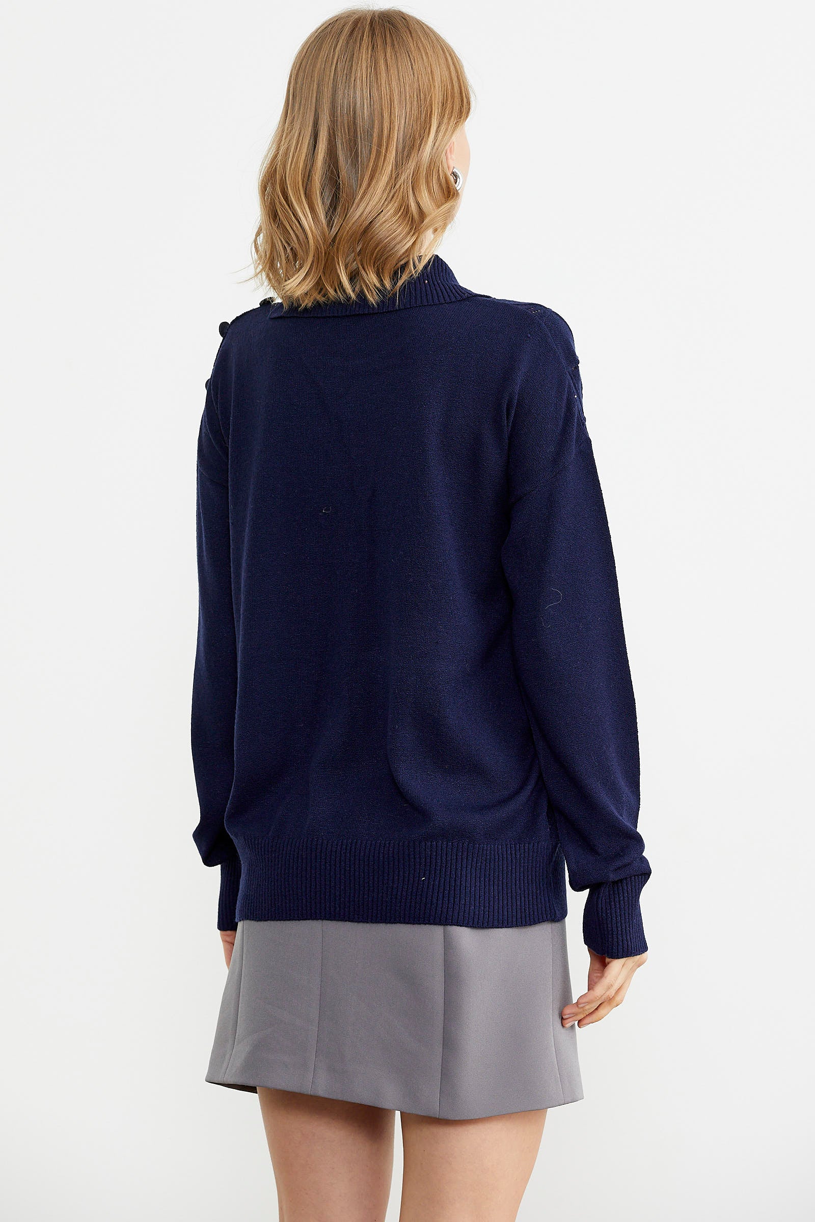 Omuz Düğme Detaylı Triko Kazak - Lacivert (5) Sementa