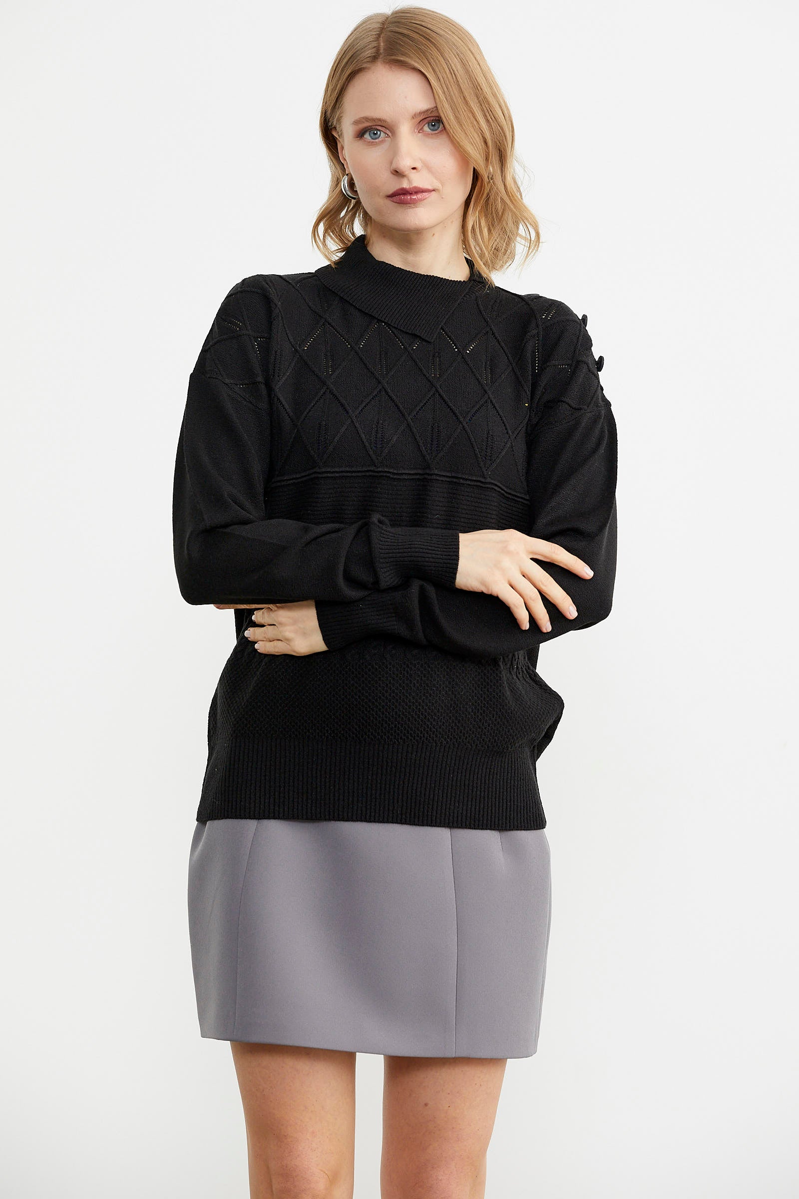 Omuz Düğme Detaylı Triko Kazak - Siyah (3) Sementa