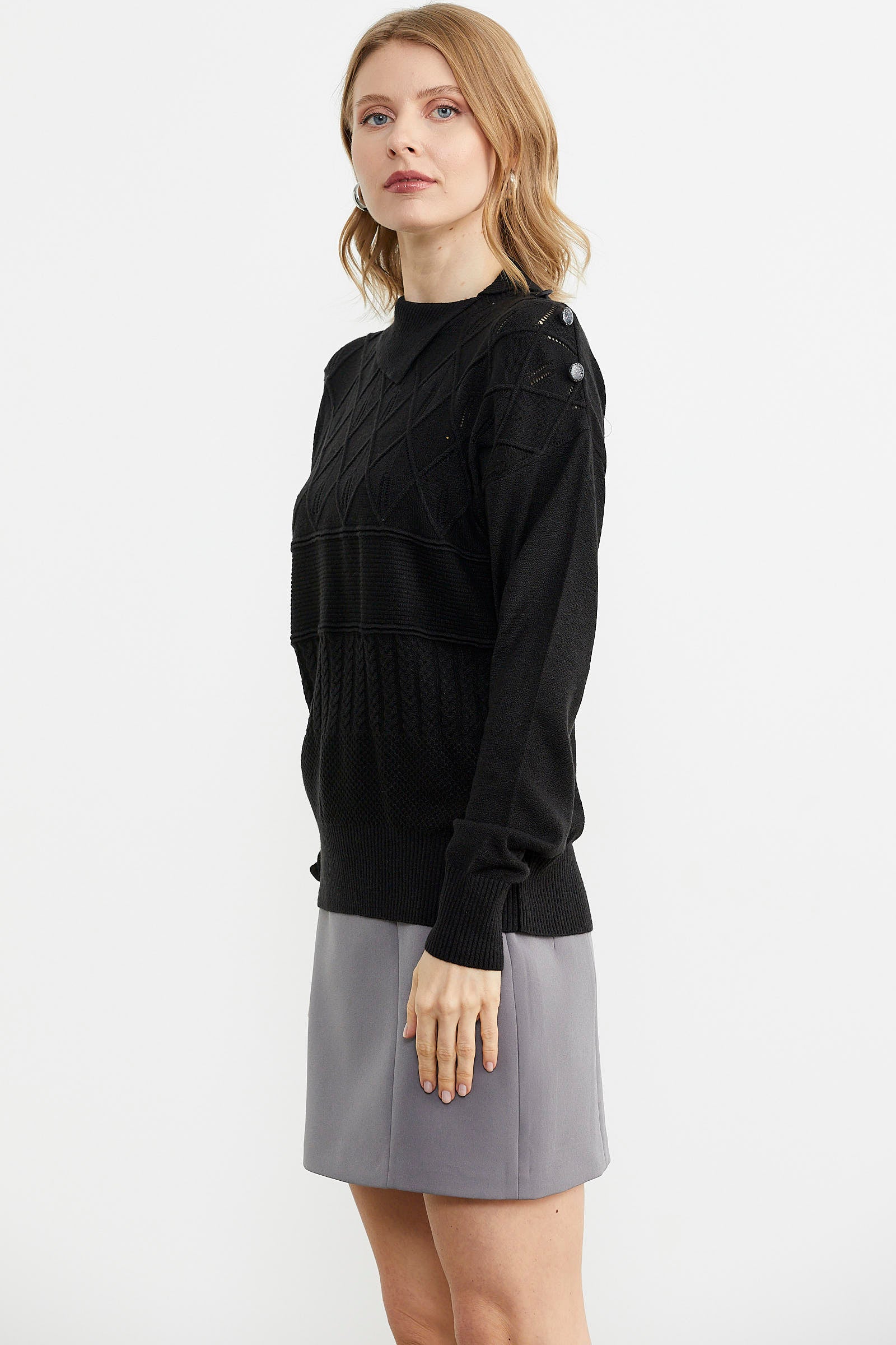 Omuz Düğme Detaylı Triko Kazak - Siyah (4) Sementa