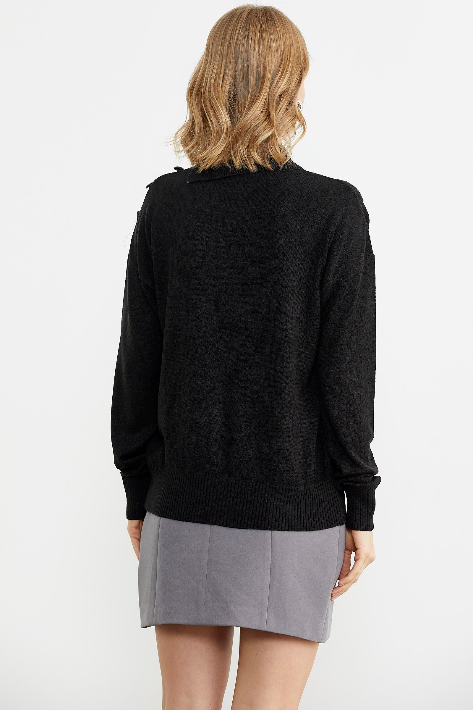 Omuz Düğme Detaylı Triko Kazak - Siyah (5) Sementa