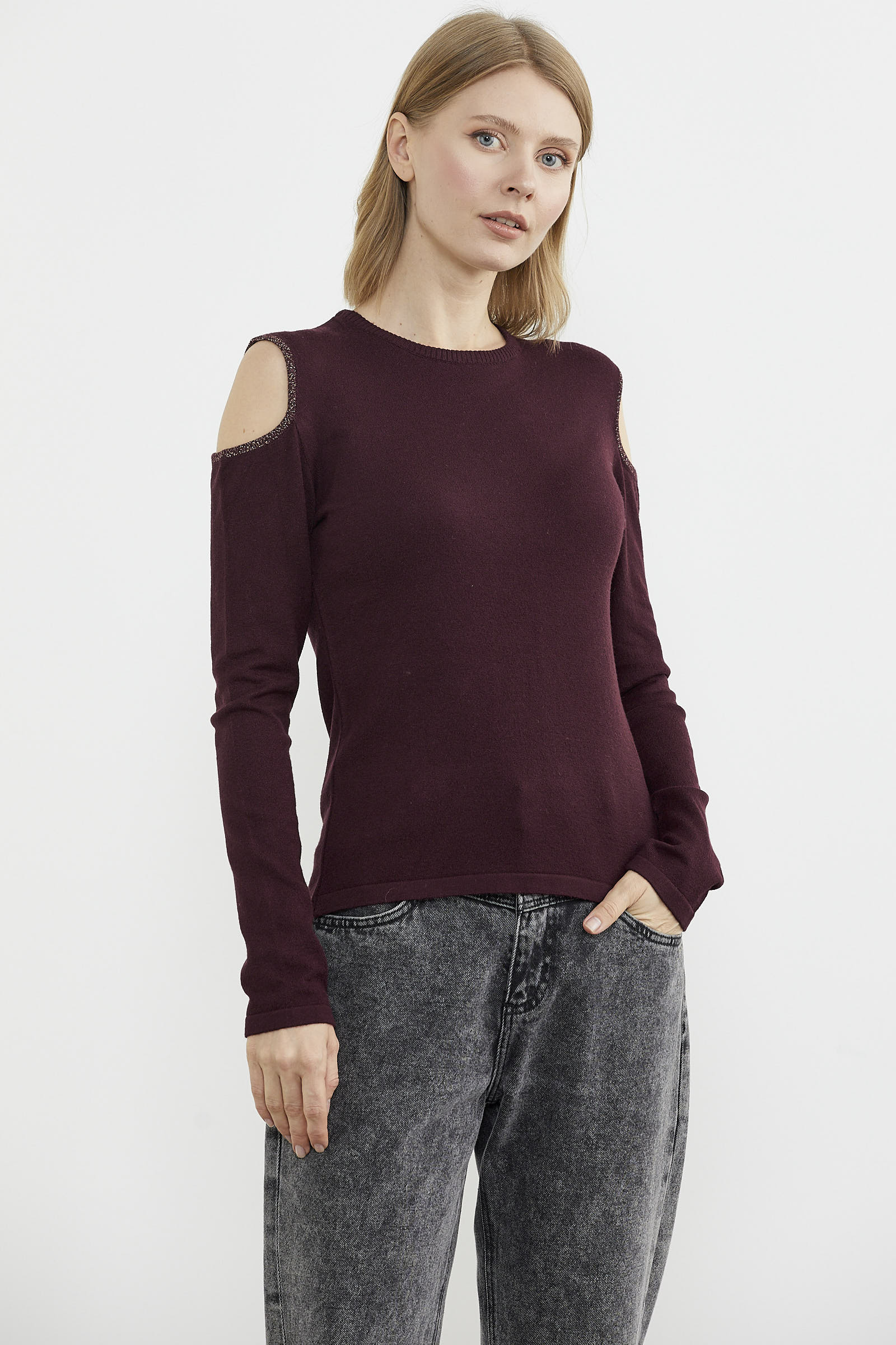 Omuzları Açık Basic Triko Kazak - Bordo (1) Sementa