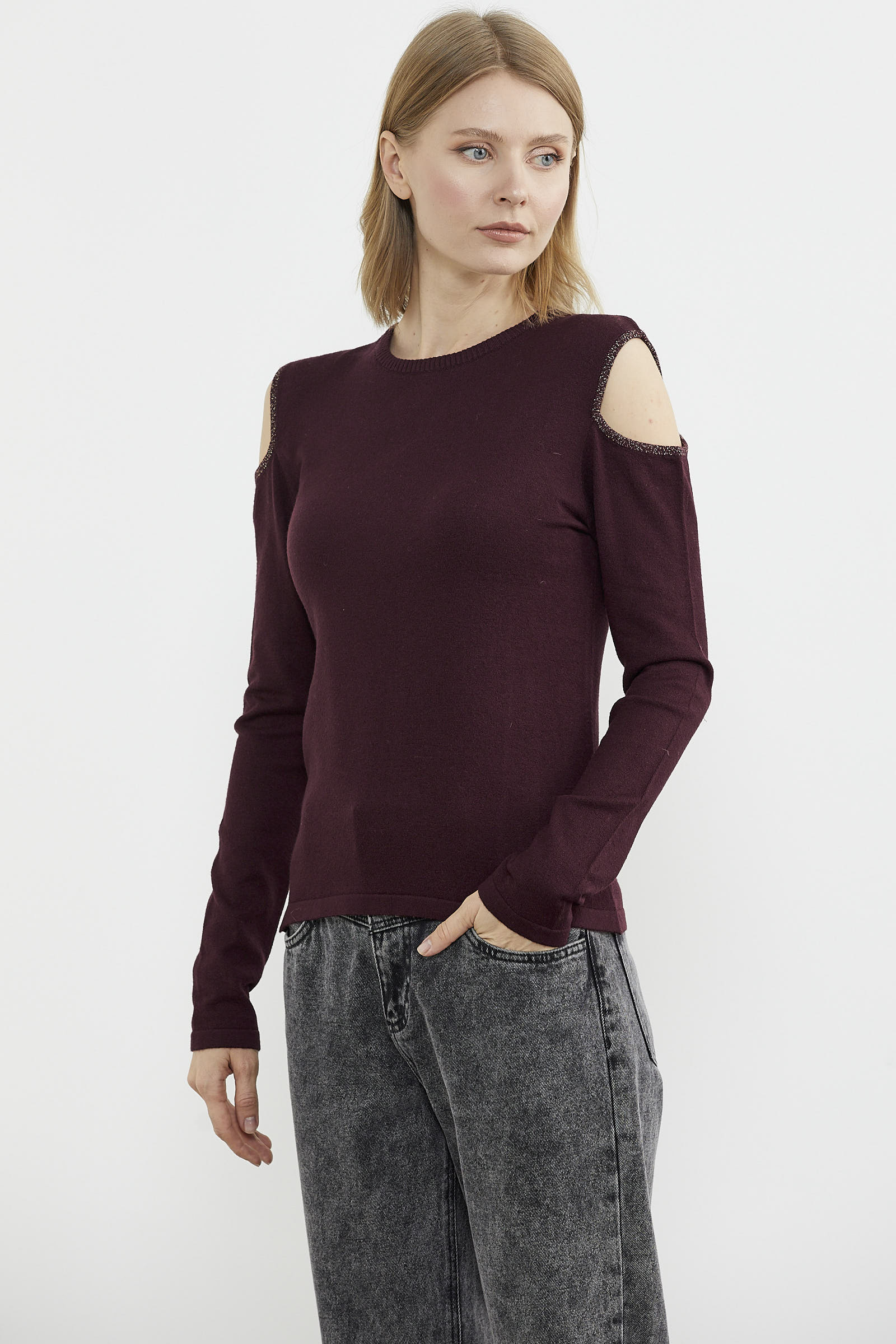 Omuzları Açık Basic Triko Kazak - Bordo (2) Sementa