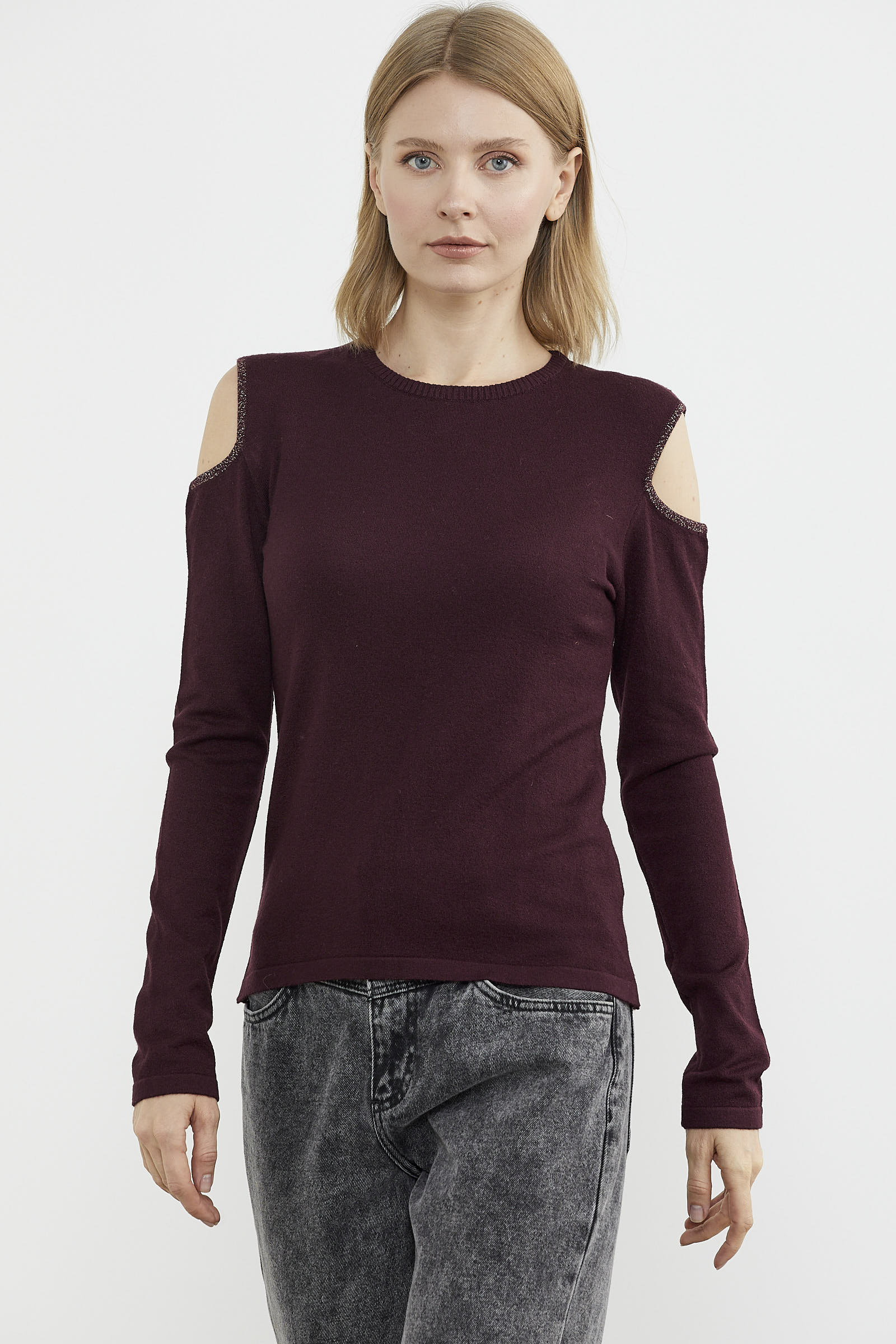 Omuzları Açık Basic Triko Kazak - Bordo (3) Sementa