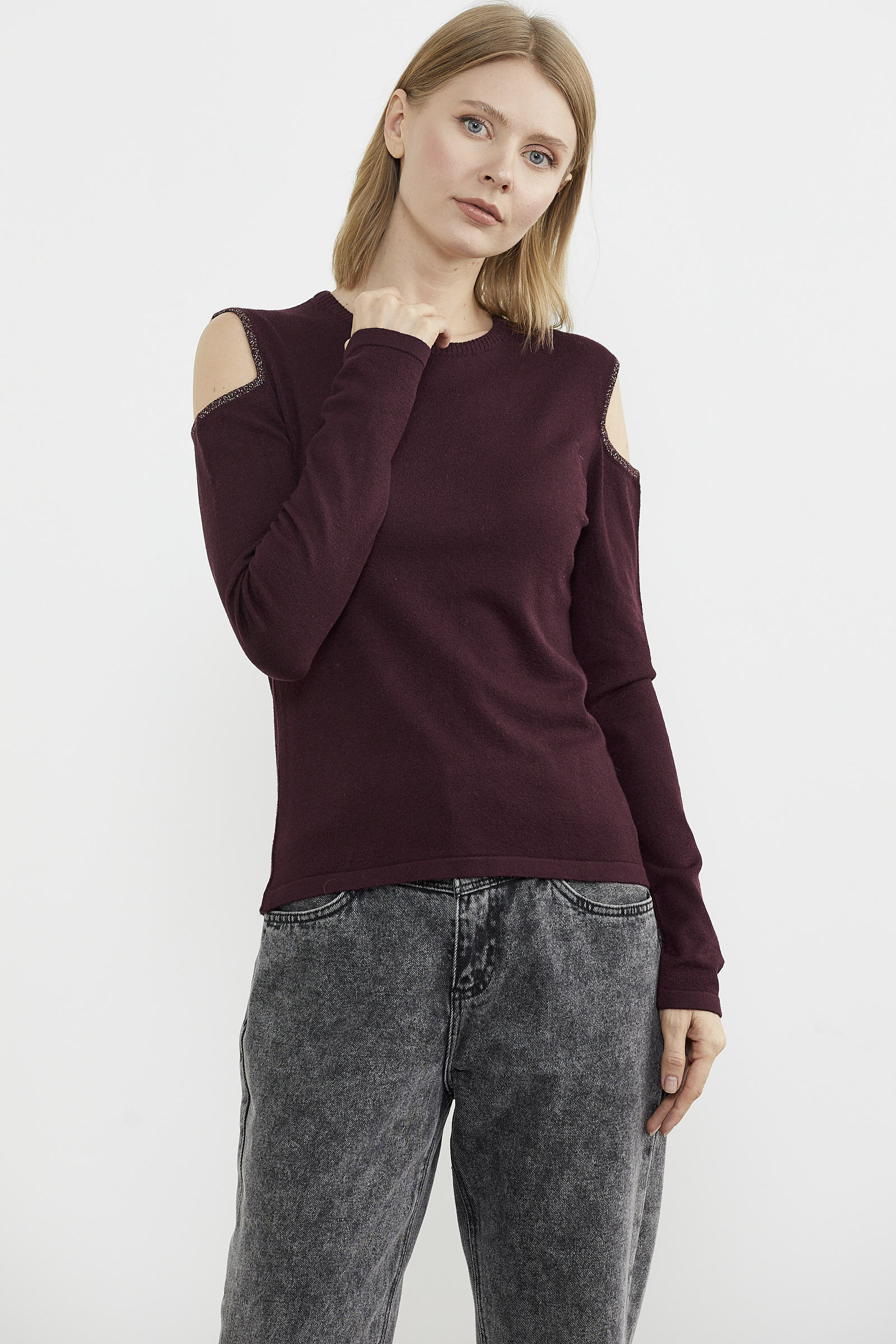 Omuzları Açık Basic Triko Kazak - Bordo (4) Sementa