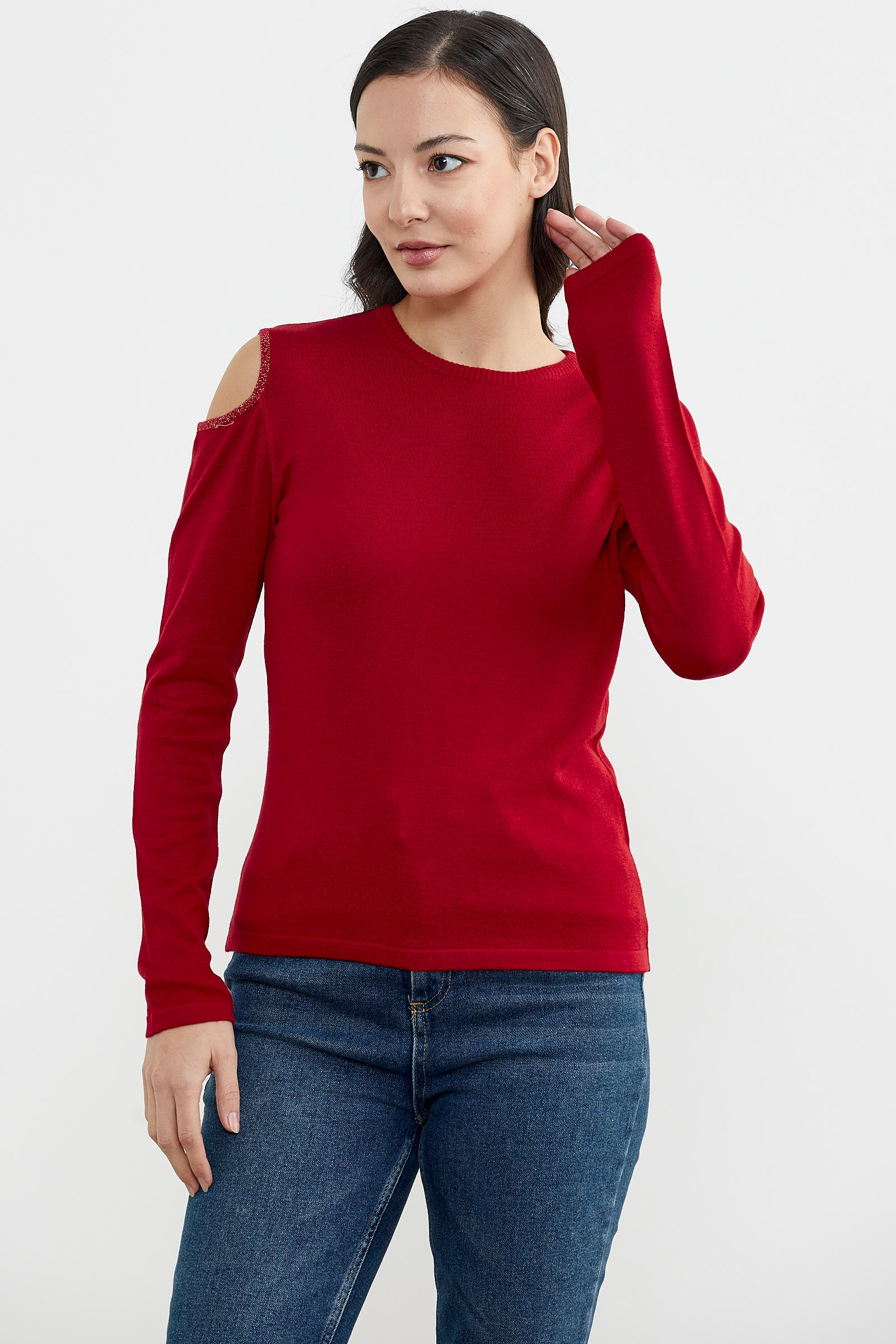 Omuzları Açık Basic Triko Kazak - Kırmızı (3) Sementa