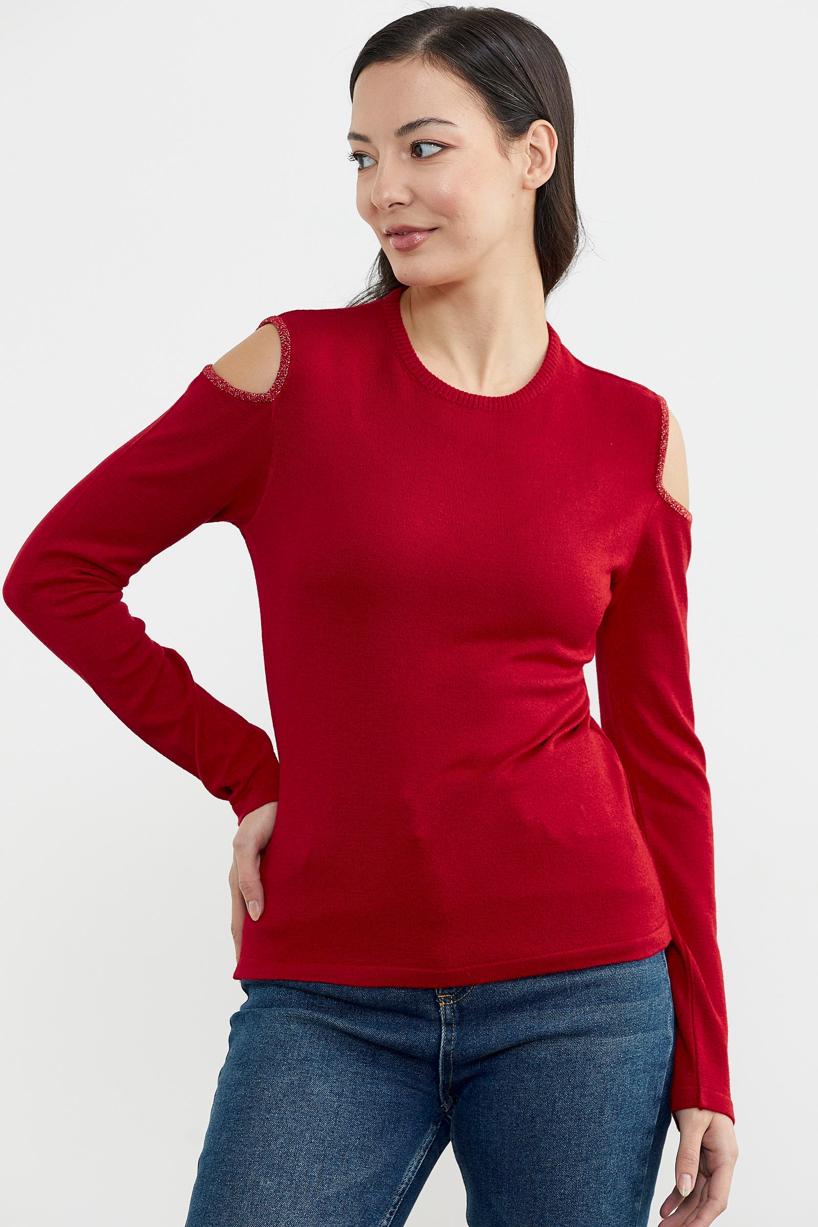 Omuzları Açık Basic Triko Kazak - Kırmızı (4) Sementa