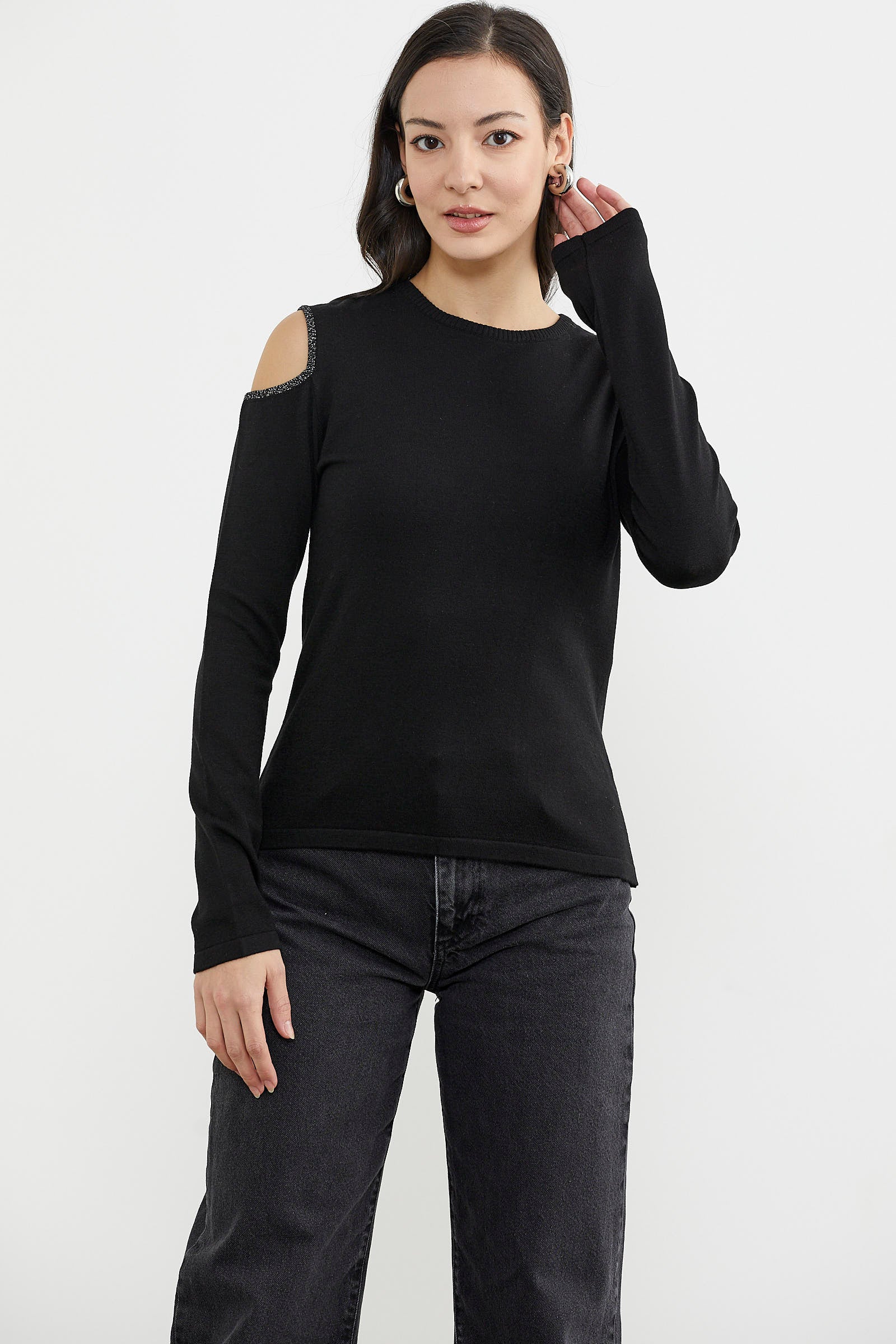 Omuzları Açık Basic Triko Kazak - Siyah (2) Sementa