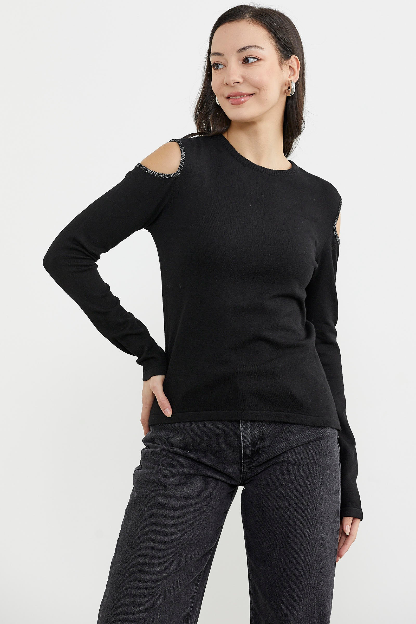 Omuzları Açık Basic Triko Kazak - Siyah (3) Sementa