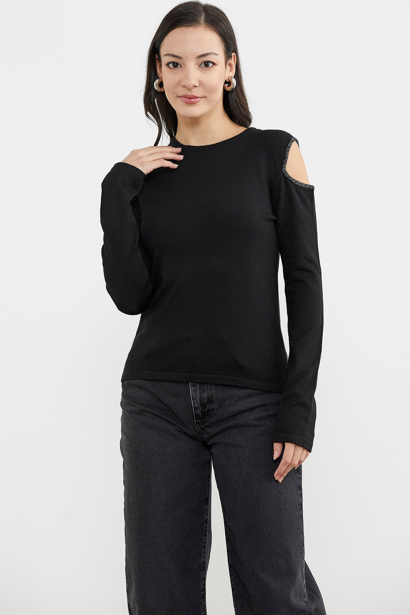 Omuzları Açık Basic Triko Kazak - Siyah (4) Sementa