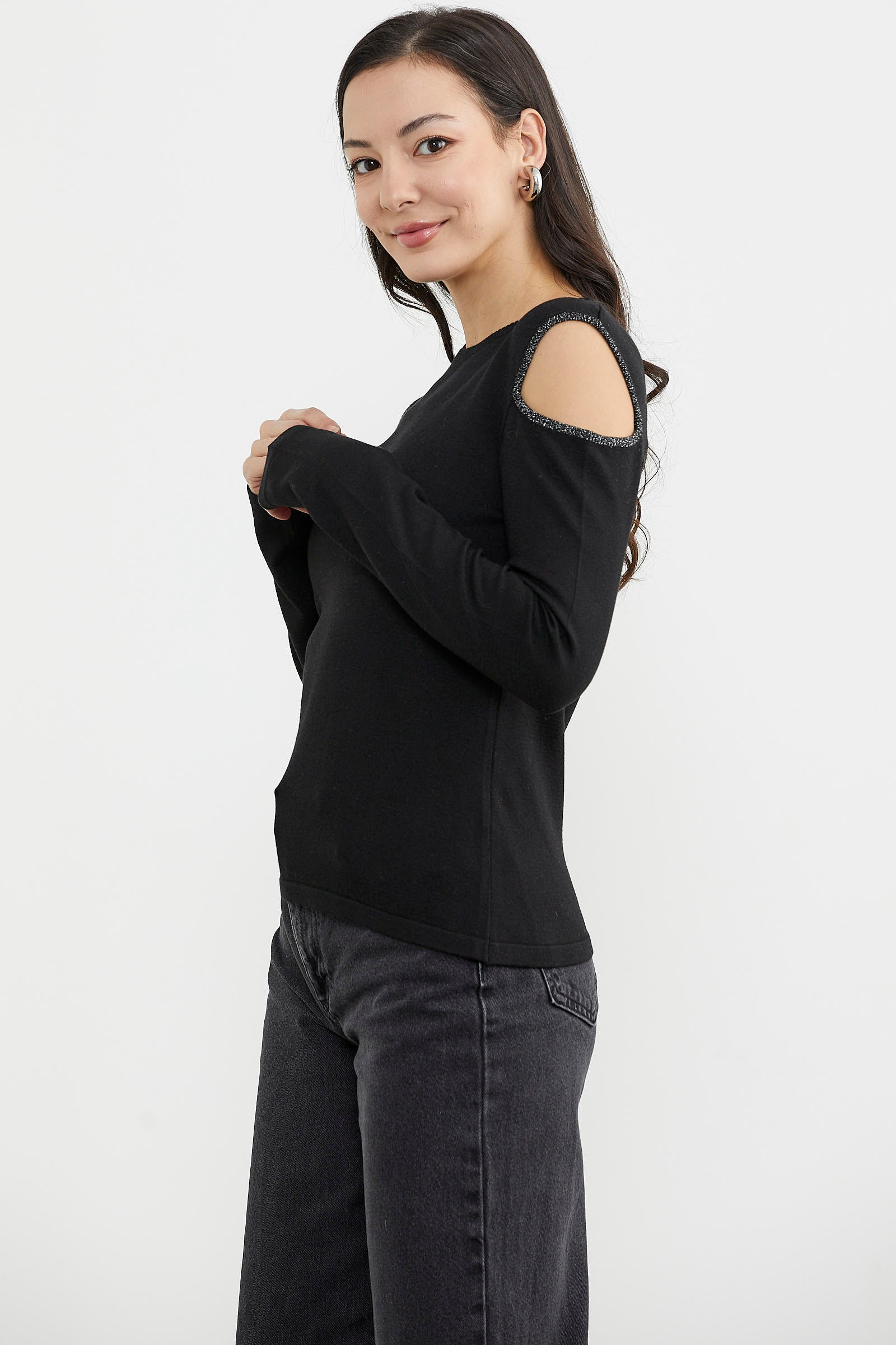 Omuzları Açık Basic Triko Kazak - Siyah (5) Sementa