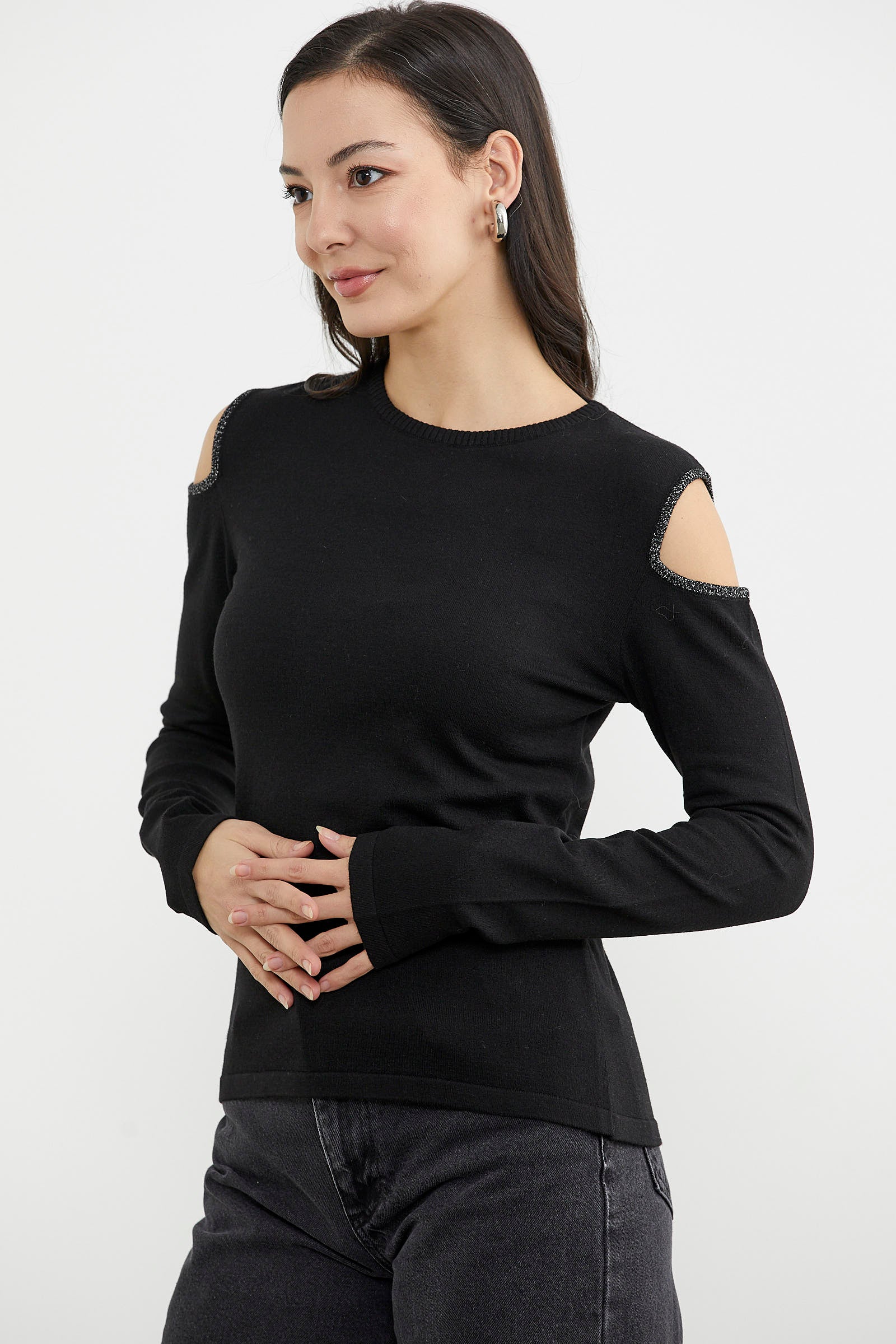 Omuzları Açık Basic Triko Kazak - Siyah (6) Sementa