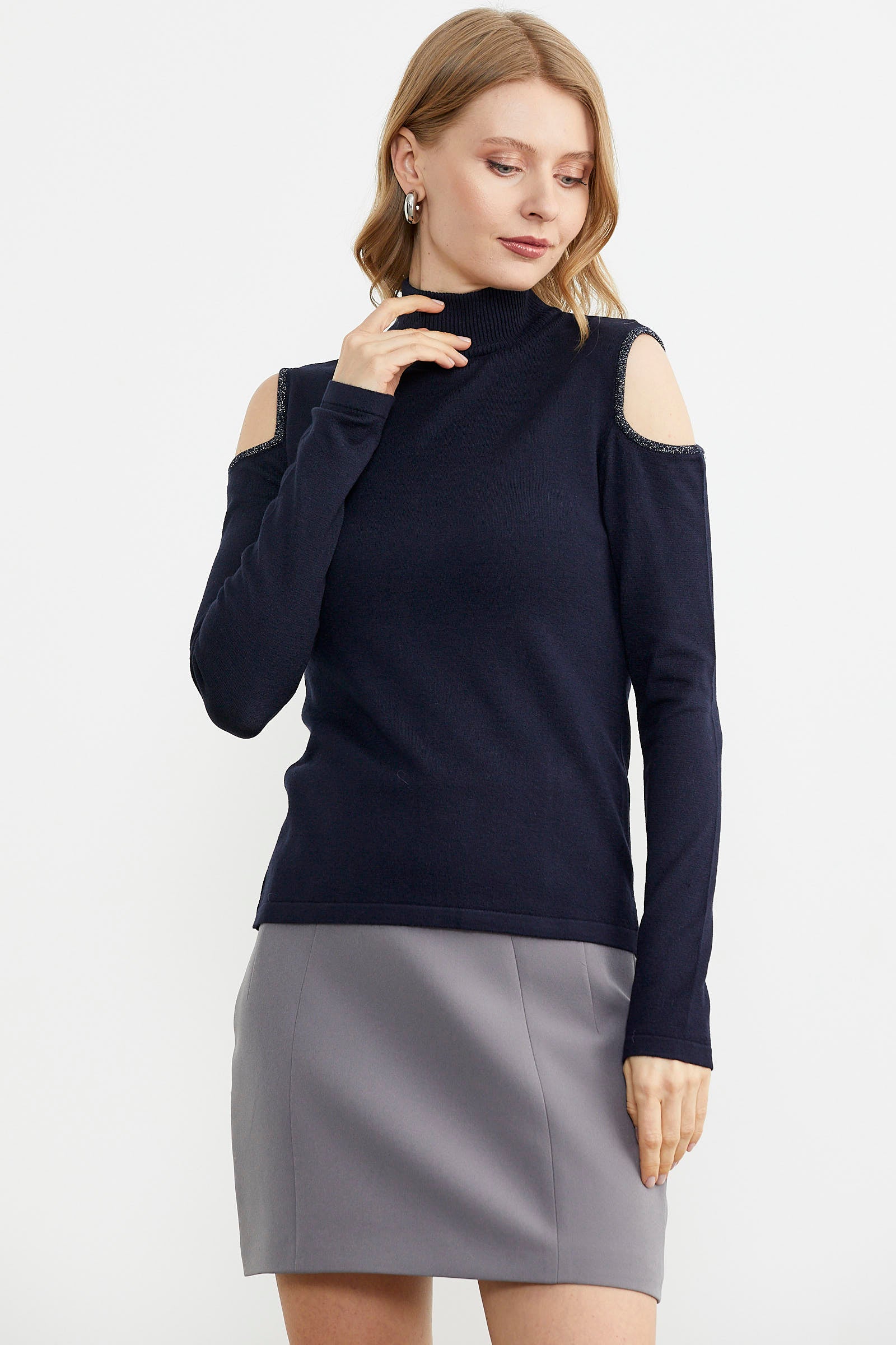 Omuzları Açık Triko Kazak - Lacivert (2) Sementa