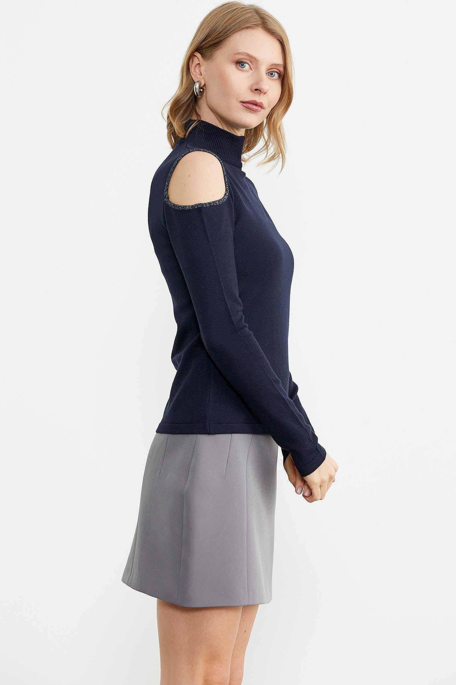 Omuzları Açık Triko Kazak - Lacivert (3) Sementa