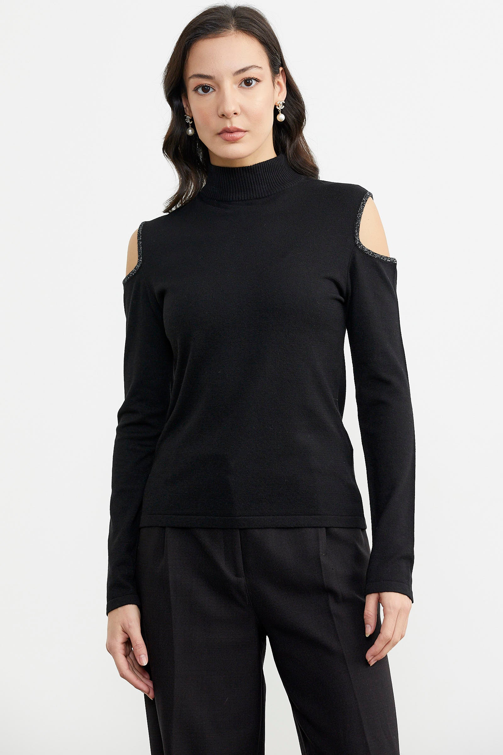 Omuzları Açık Triko Kazak - Siyah (1) Sementa