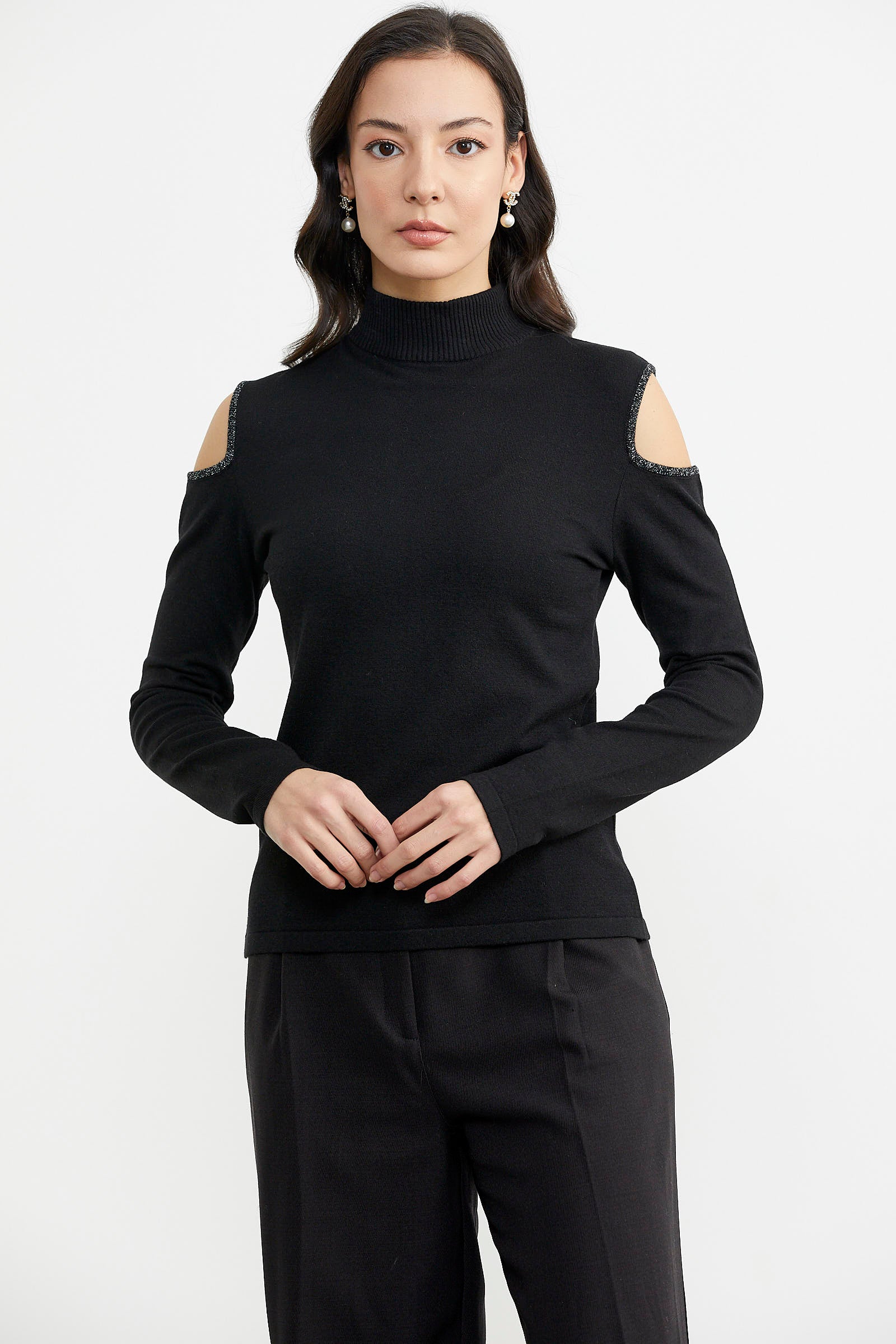 Omuzları Açık Triko Kazak - Siyah (2) Sementa