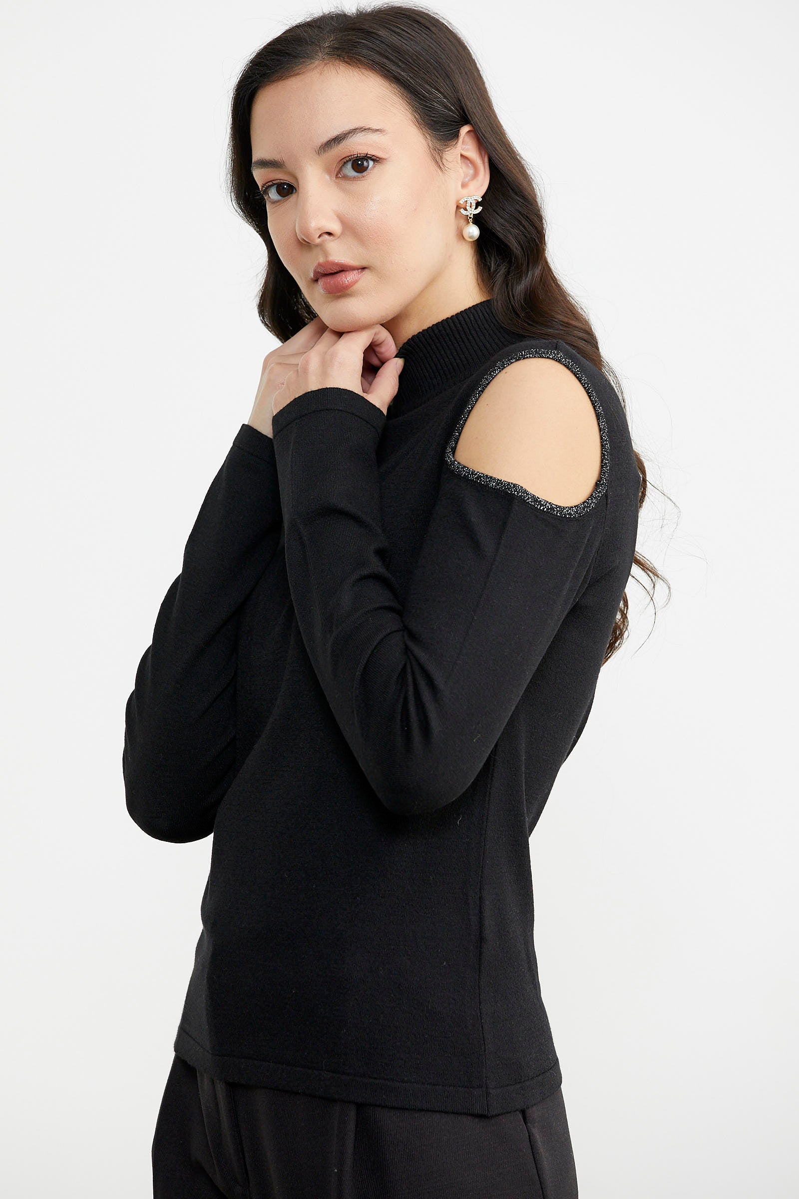 Omuzları Açık Triko Kazak - Siyah (3) Sementa