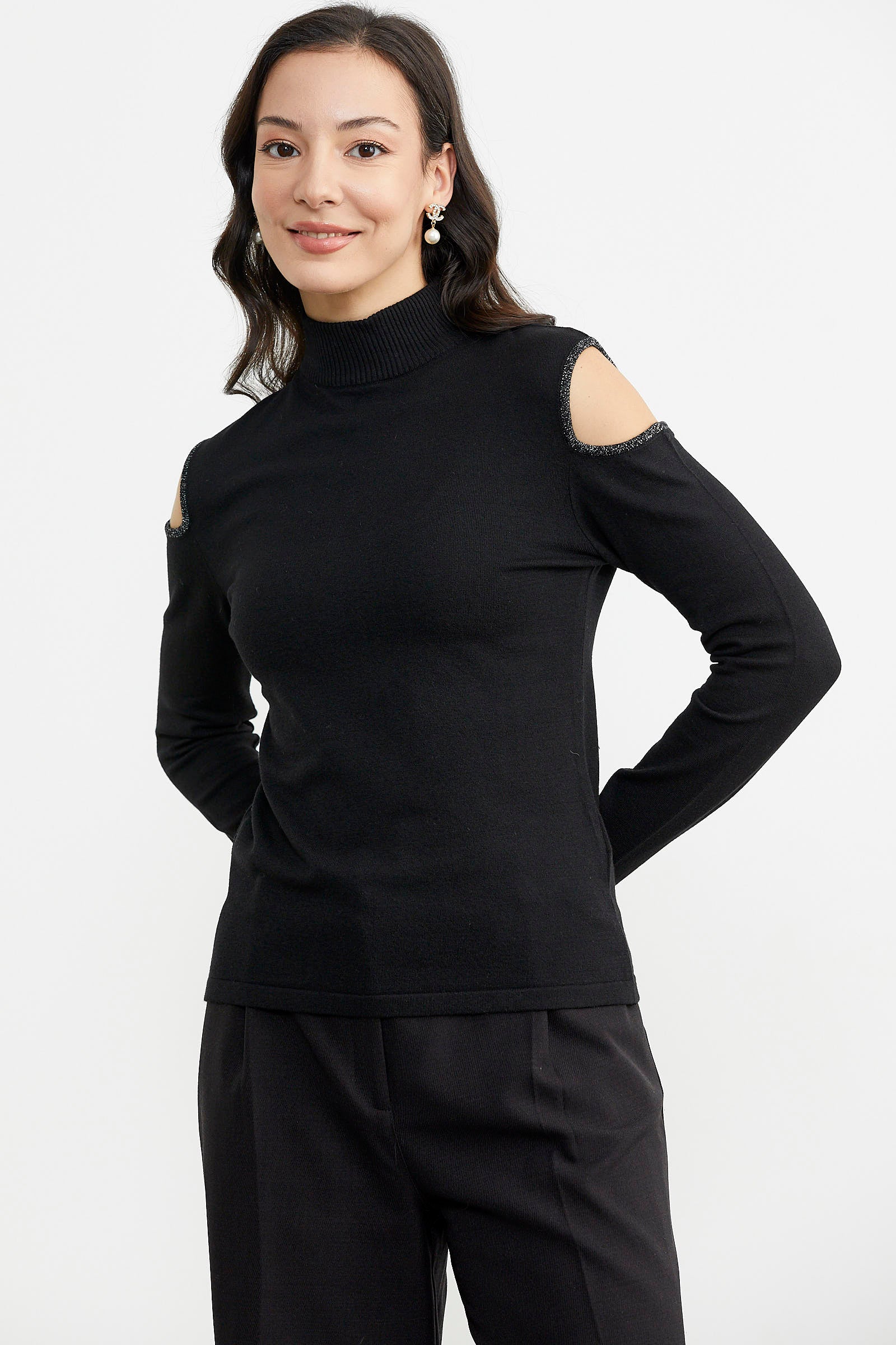 Omuzları Açık Triko Kazak - Siyah (4) Sementa