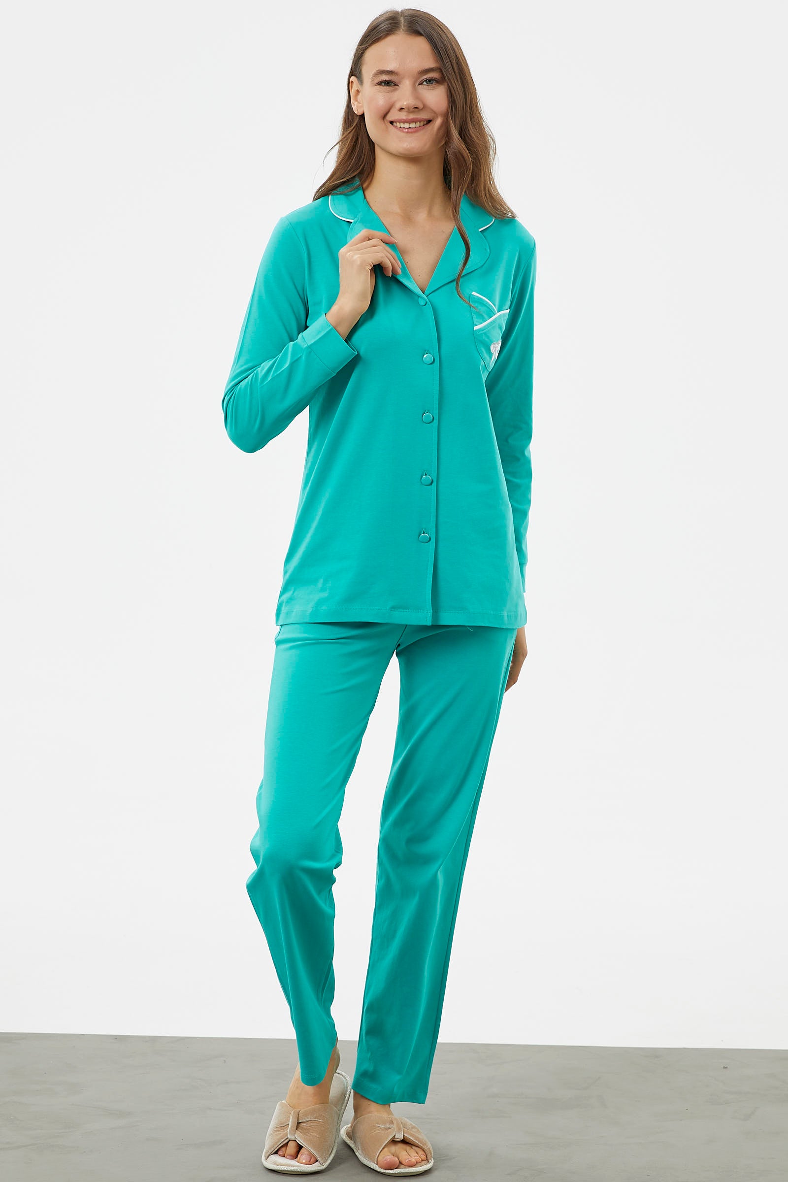 Önden Düğmeli Gömlek Pijama Takım - Mavi (1) Sementa