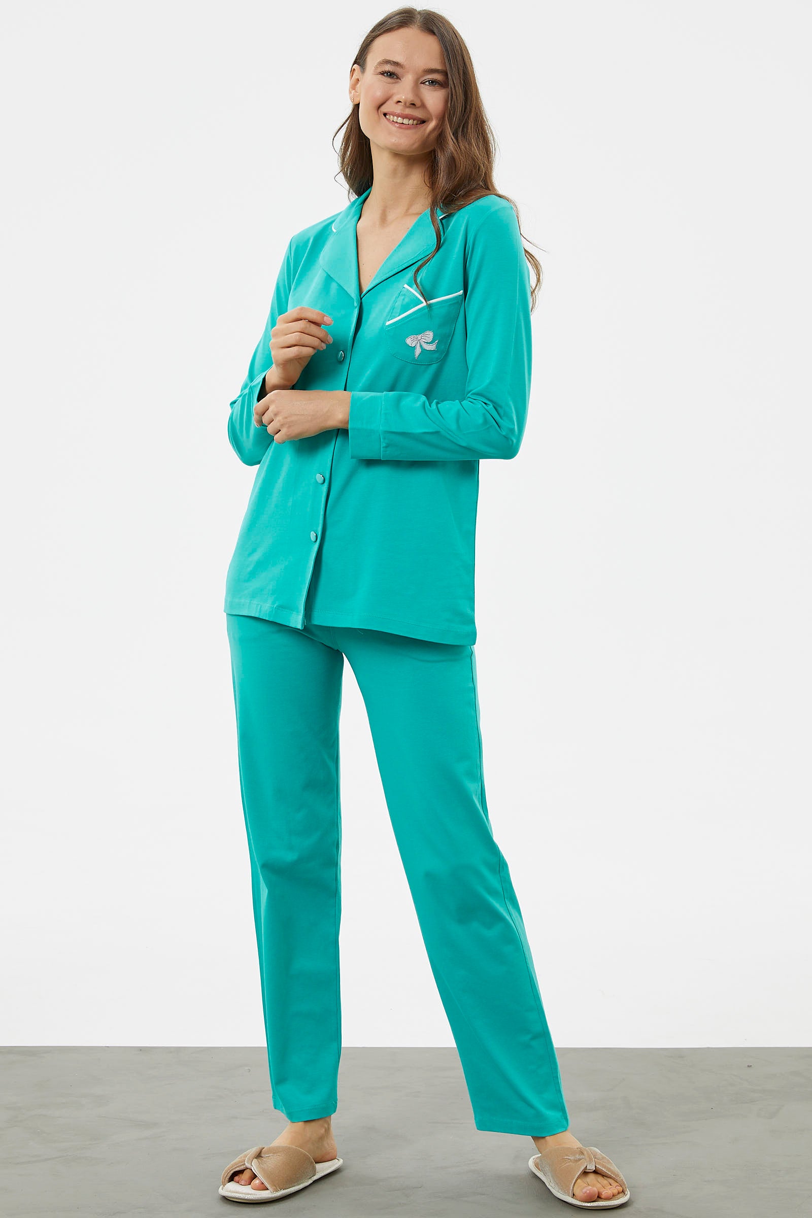 Önden Düğmeli Gömlek Pijama Takım - Mavi (2) Sementa