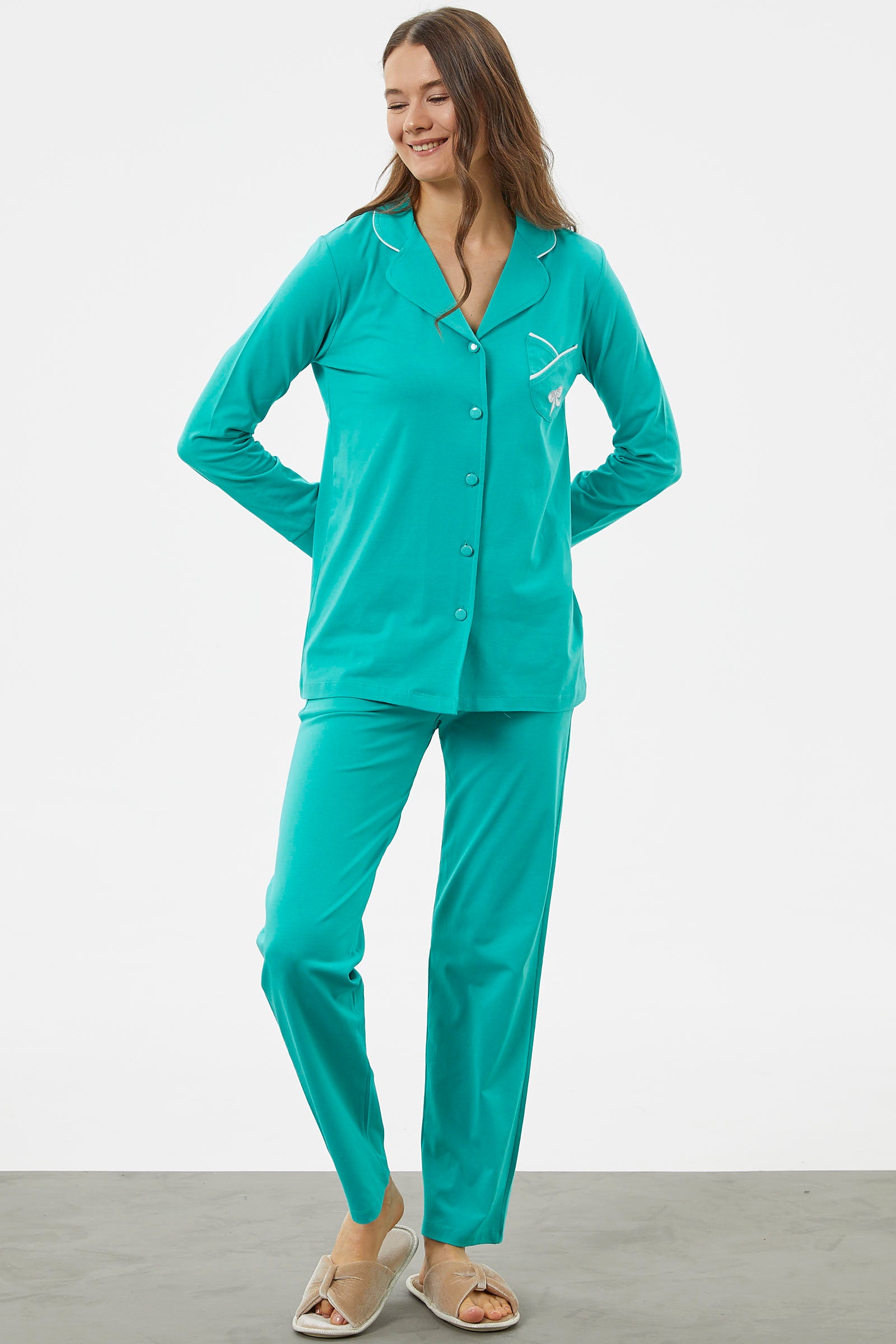 Önden Düğmeli Gömlek Pijama Takım - Mavi (3) Sementa