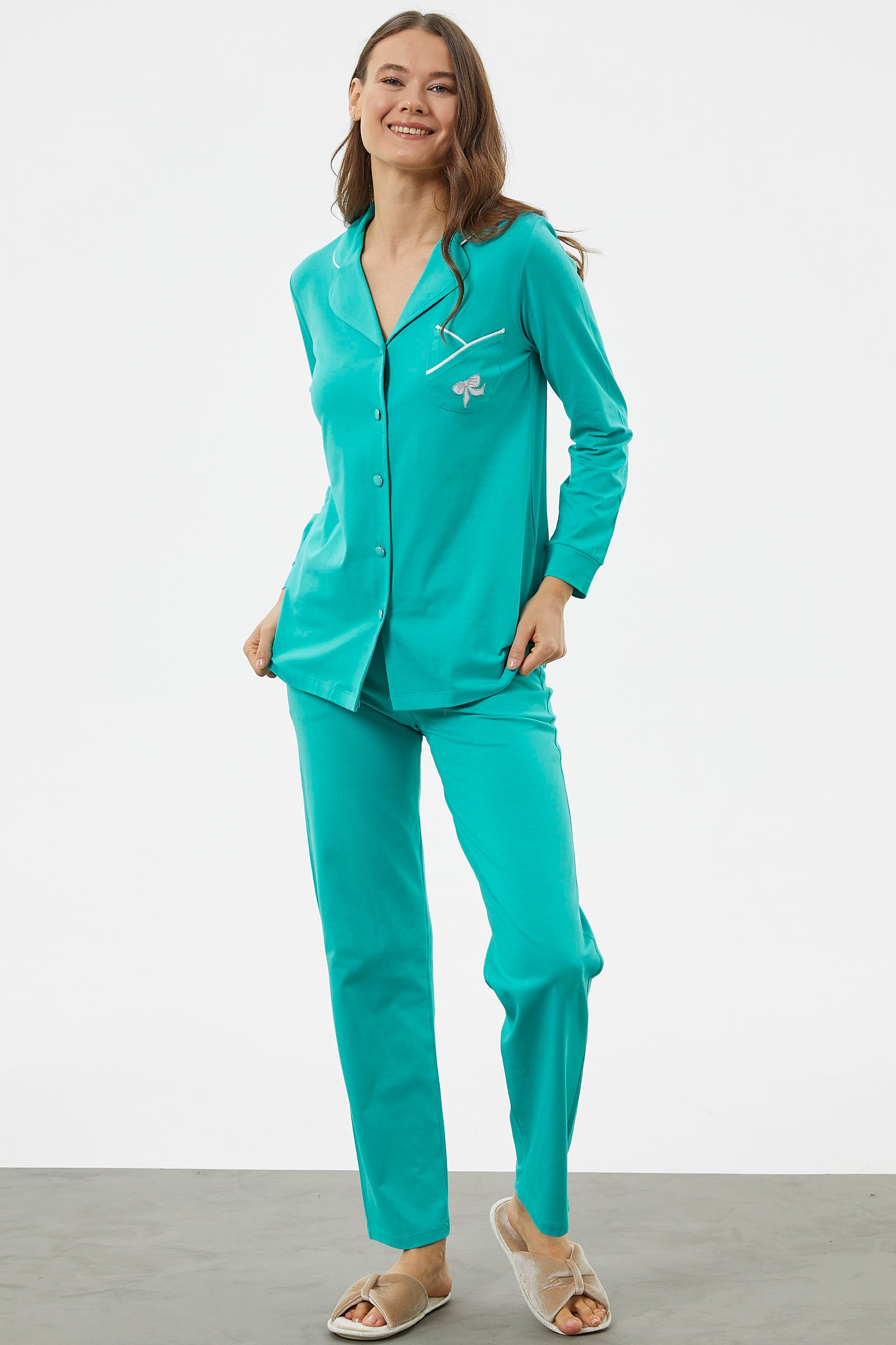 Önden Düğmeli Gömlek Pijama Takım - Mavi (4) Sementa