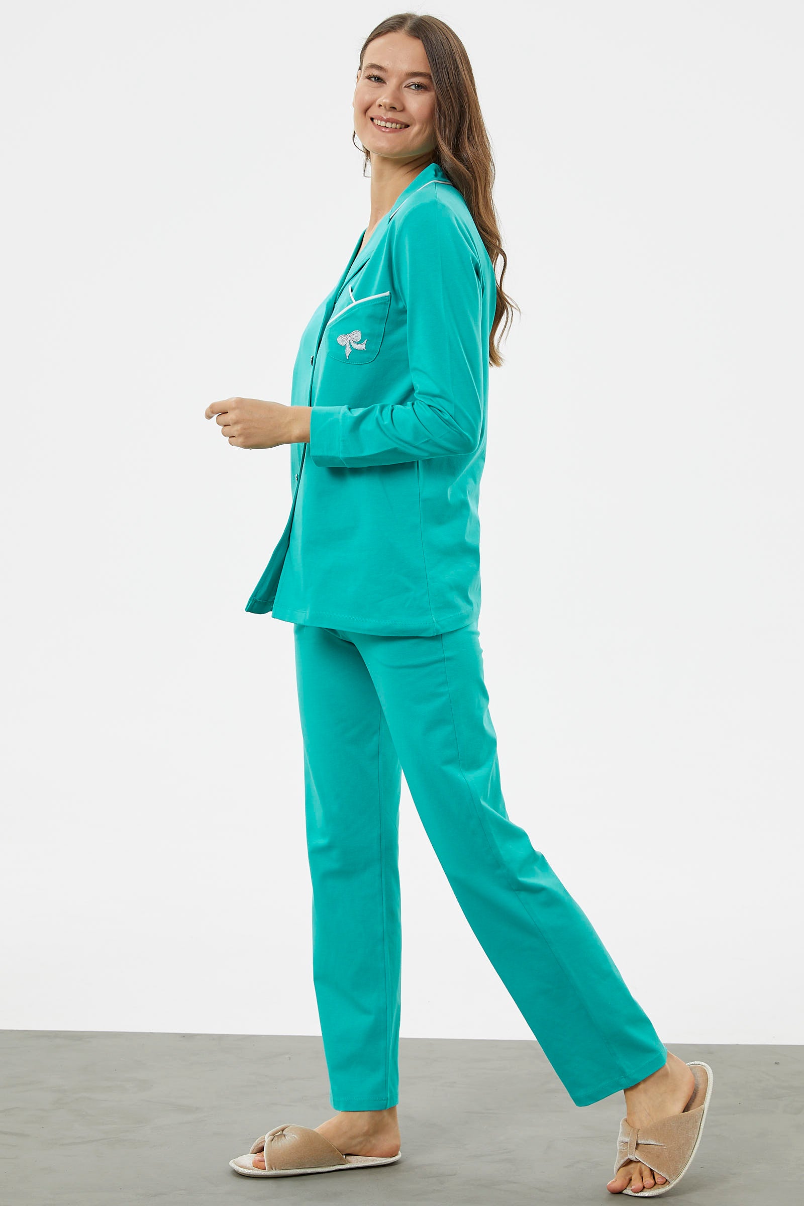 Önden Düğmeli Gömlek Pijama Takım - Mavi (5) Sementa