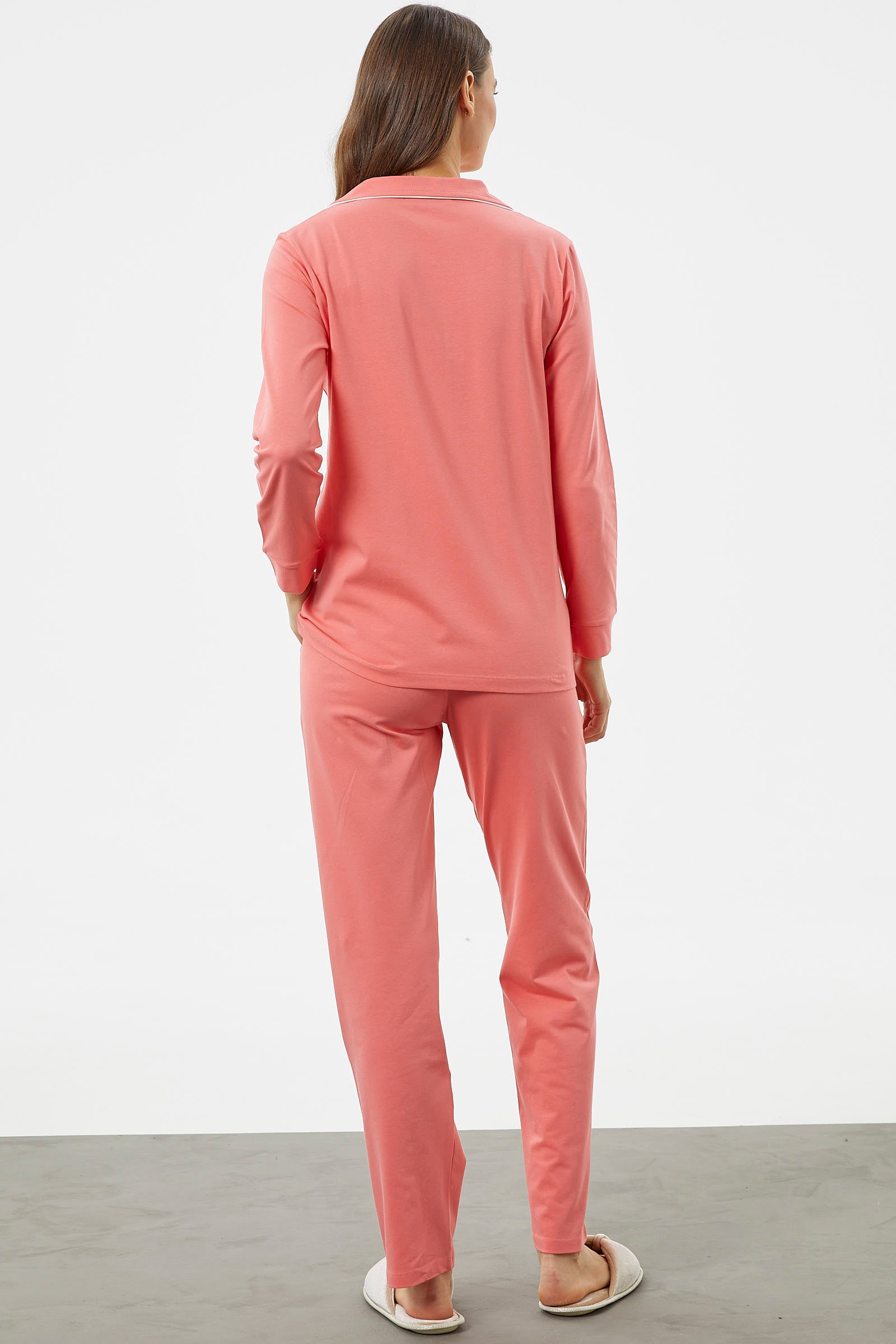 Önden Düğmeli Gömlek Pijama Takım - Somon (7) Sementa