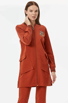 Önden Fermuarlı Nakış Detaylı Cepli  Takım - Kiremit (3) Sementa