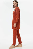 Önden Fermuarlı Nakış Detaylı Cepli  Takım - Kiremit (4) Sementa