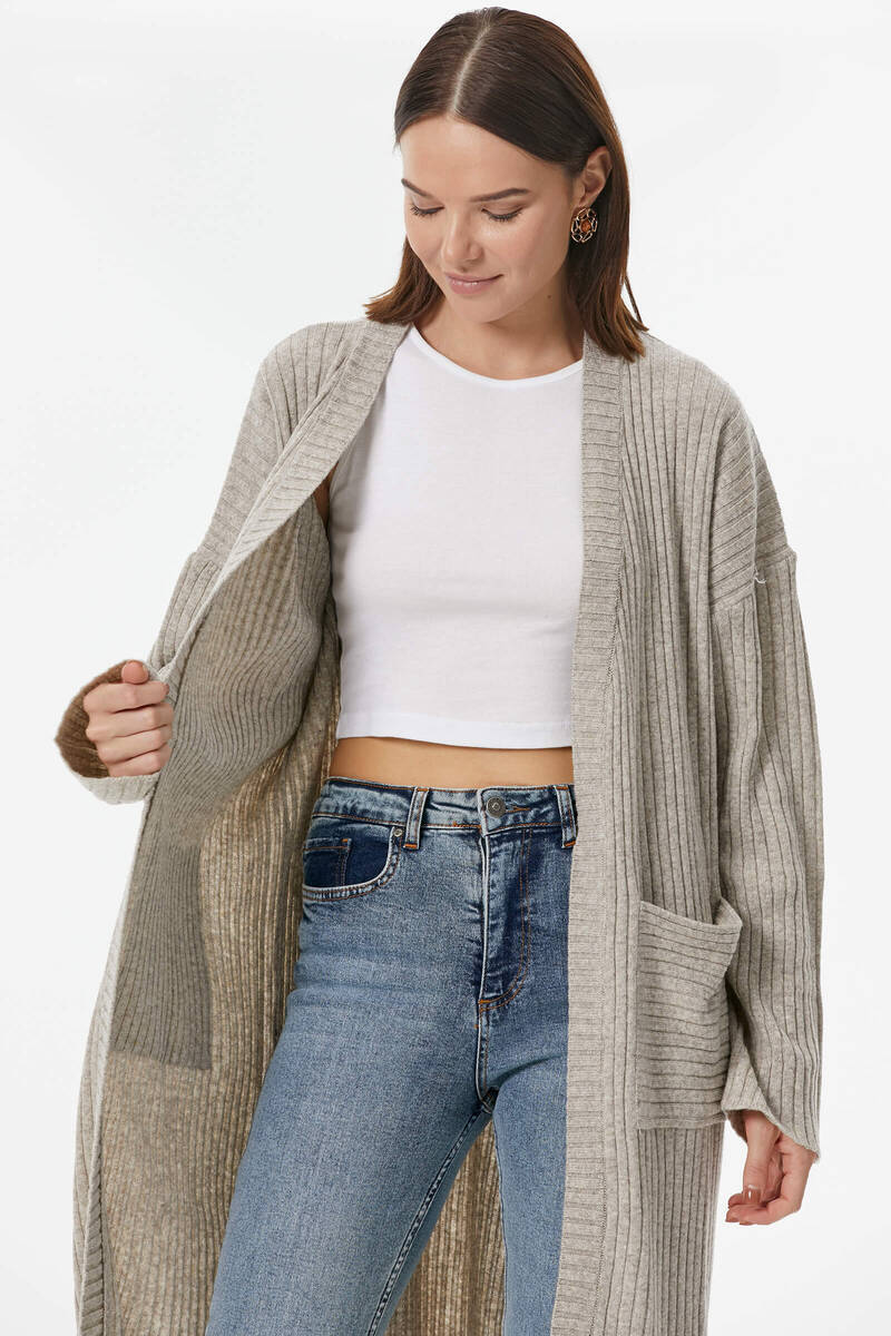 Oversize Uzun Triko Hırka - Vizon (4) Sementa