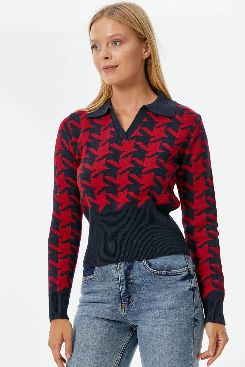 Patlı Polo Yaka Kazayağı Desenli Triko Kazak - Lacivert (3) Sementa