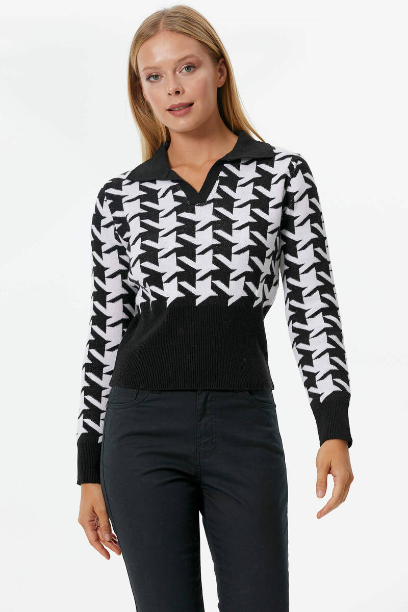 Patlı Polo Yaka Kazayağı Desenli Triko Kazak - Siyah (3) Sementa