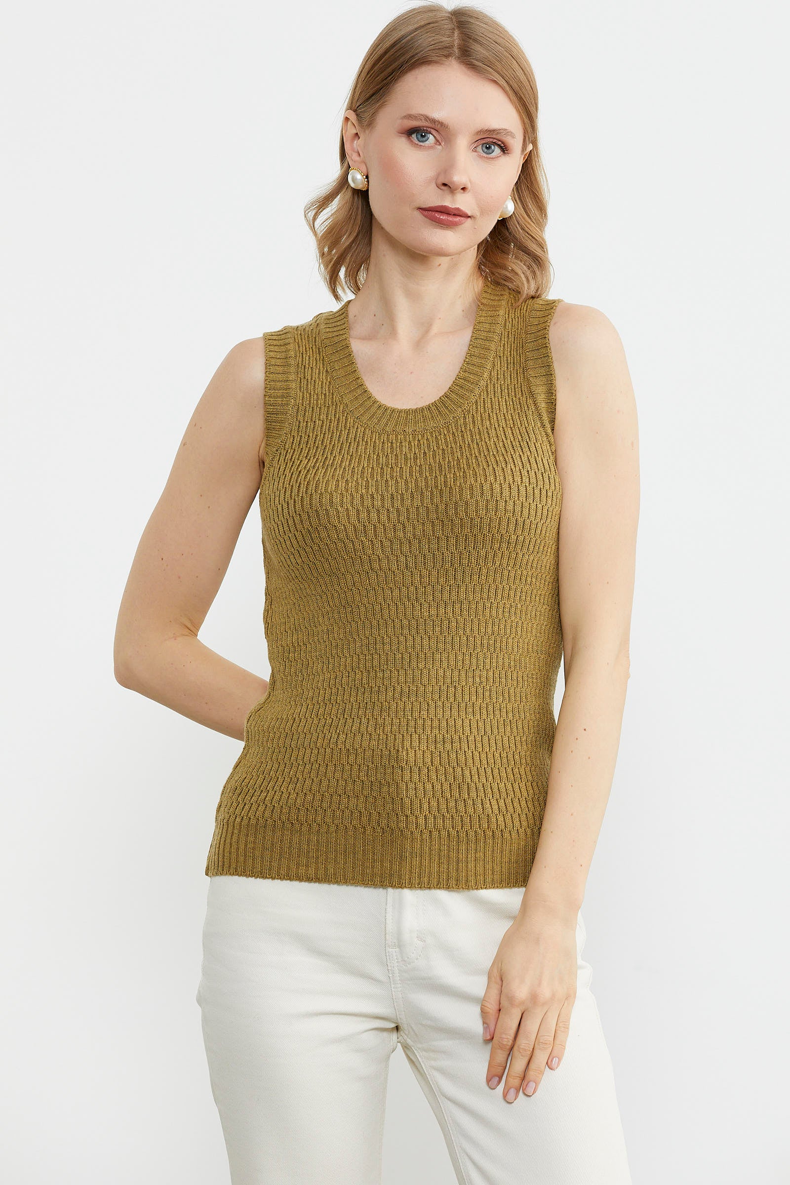 Petek Motifli Triko Süveter - Hardal - Yeşil (2) Sementa