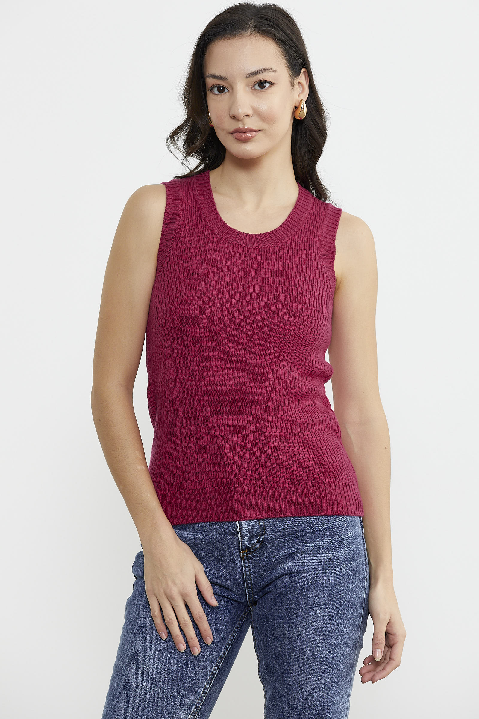 Petek Motifli Triko Süveter - Koyu Fuşya (1) Sementa