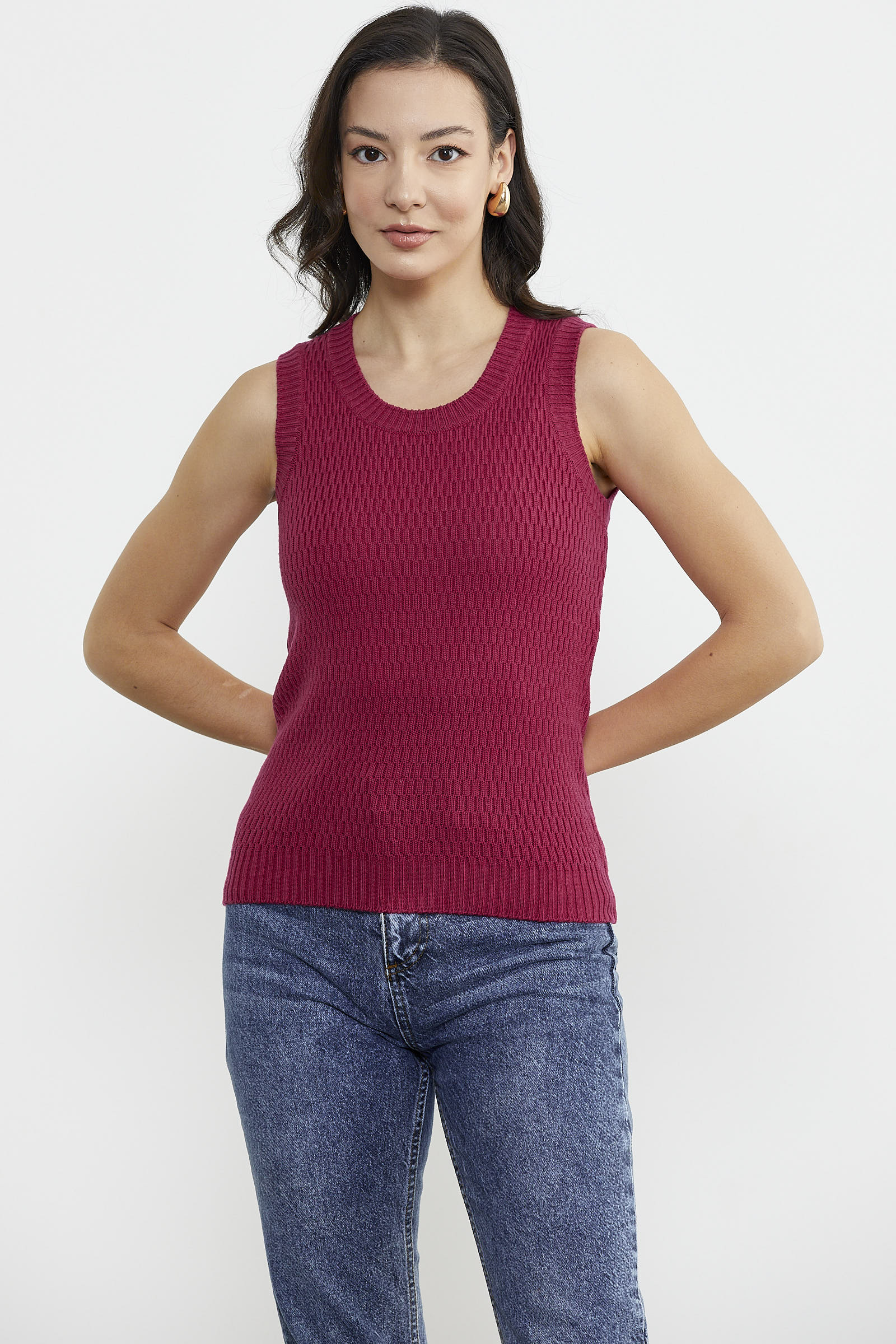 Petek Motifli Triko Süveter - Koyu Fuşya (2) Sementa