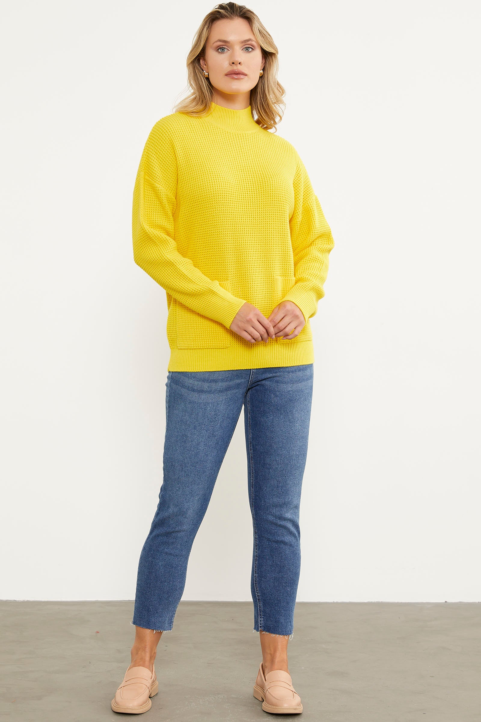 Petek Örgü Dik Yaka Triko Kazak - Sarı (2) Sementa