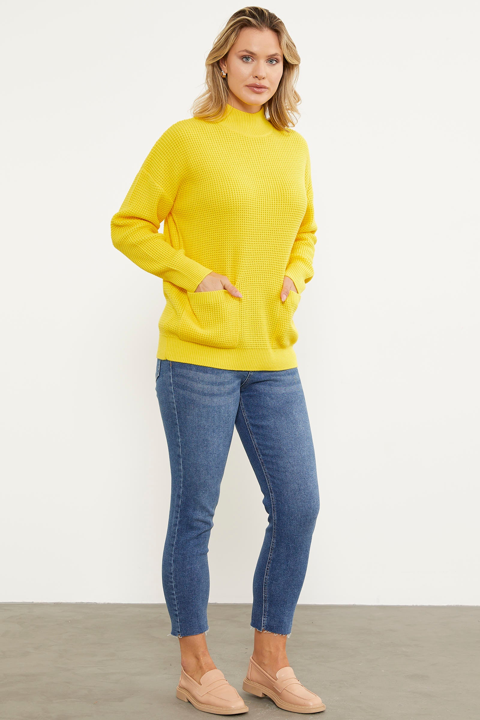 Petek Örgü Dik Yaka Triko Kazak - Sarı (3) Sementa