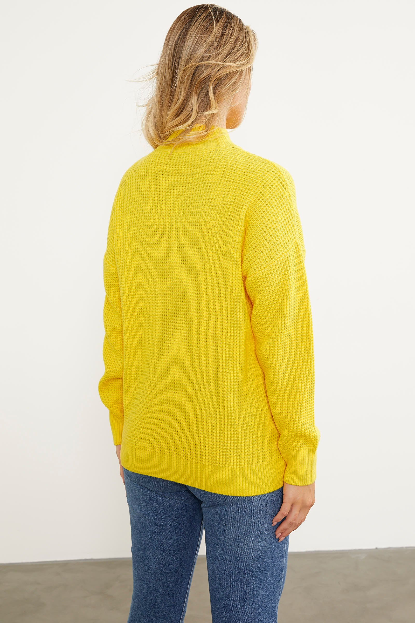 Petek Örgü Dik Yaka Triko Kazak - Sarı (6) Sementa