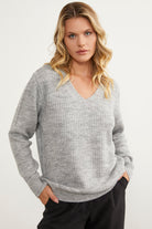 Petek Örgü V Yaka Triko Kazak - Açık Gri (1) Sementa