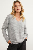 Petek Örgü V Yaka Triko Kazak - Açık Gri (2) Sementa