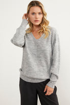 Petek Örgü V Yaka Triko Kazak - Açık Gri (3) Sementa